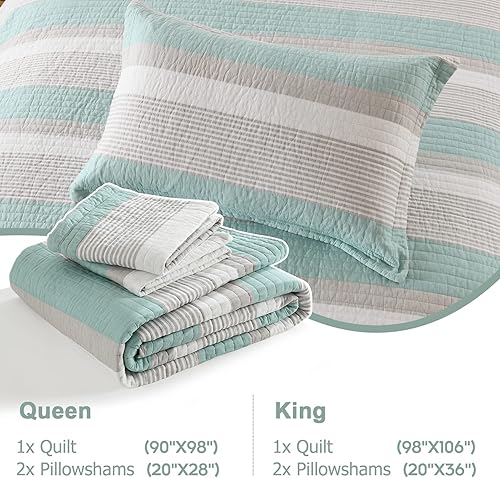 Miniatura 5 de Finlonte - Juego de edredón de tamaño queen a rayas, 100% algodón, ligera, suave y de color azul claro y gris, para todas las estaciones
