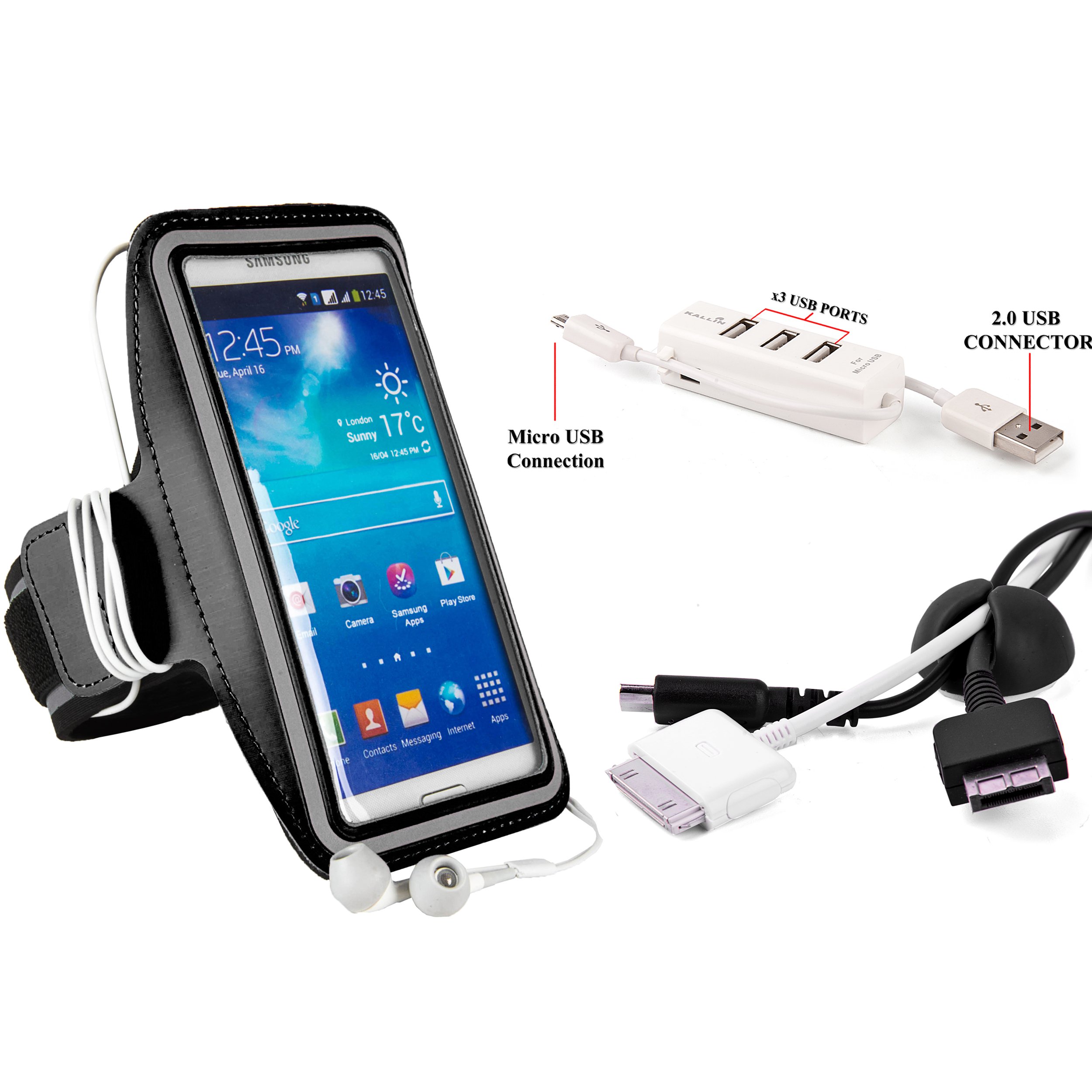 SumacLife Sports Exercise Armband for Asus PadFone E, Mini, Infinity, 2, X, ZenFone 4 Smartphone and Cord Organizer and 3 Port USB Hub