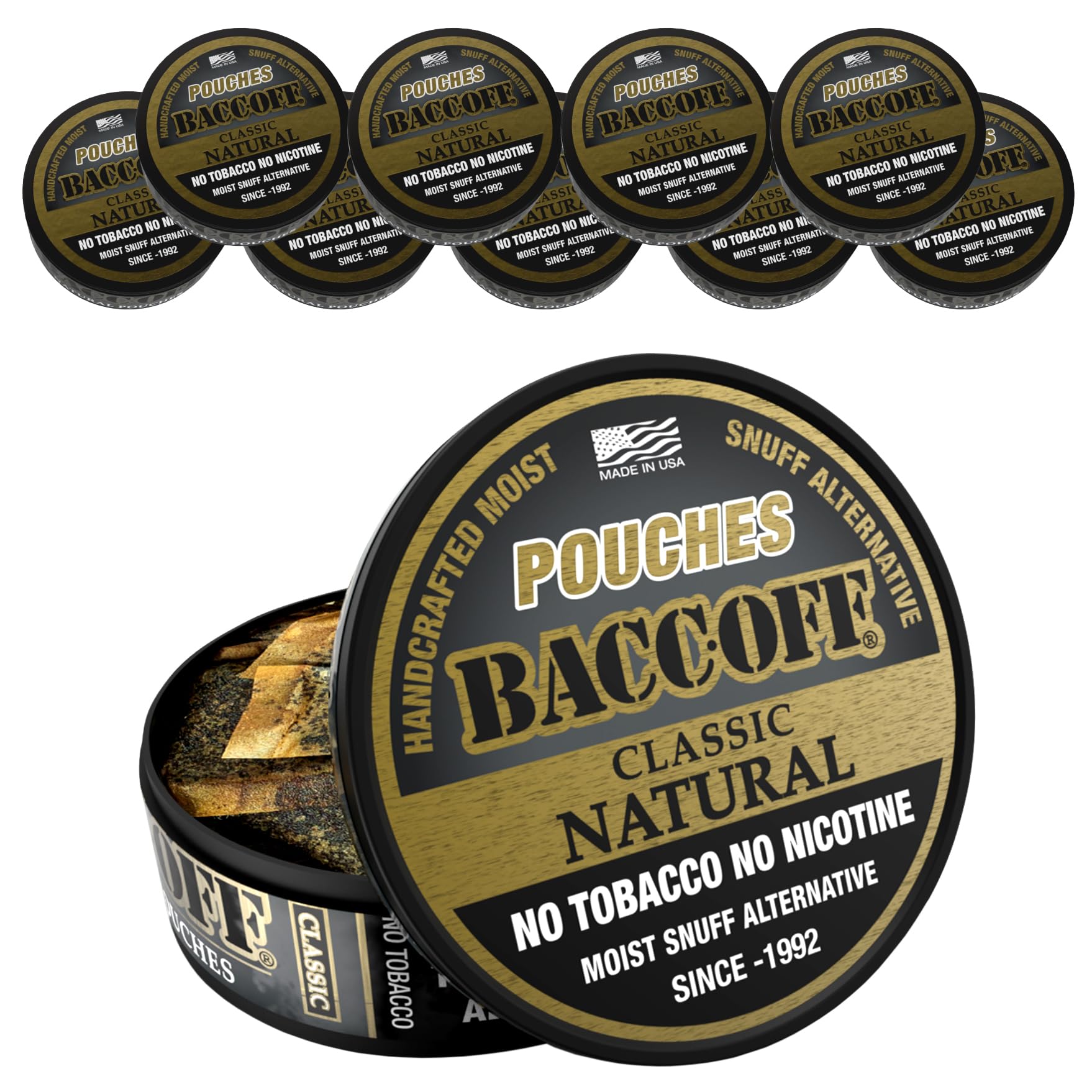 BaccOff, Classic Natural Pouches, Premium Tobacco Free, Nicotine Free Snuff Alternative (10 Cans)