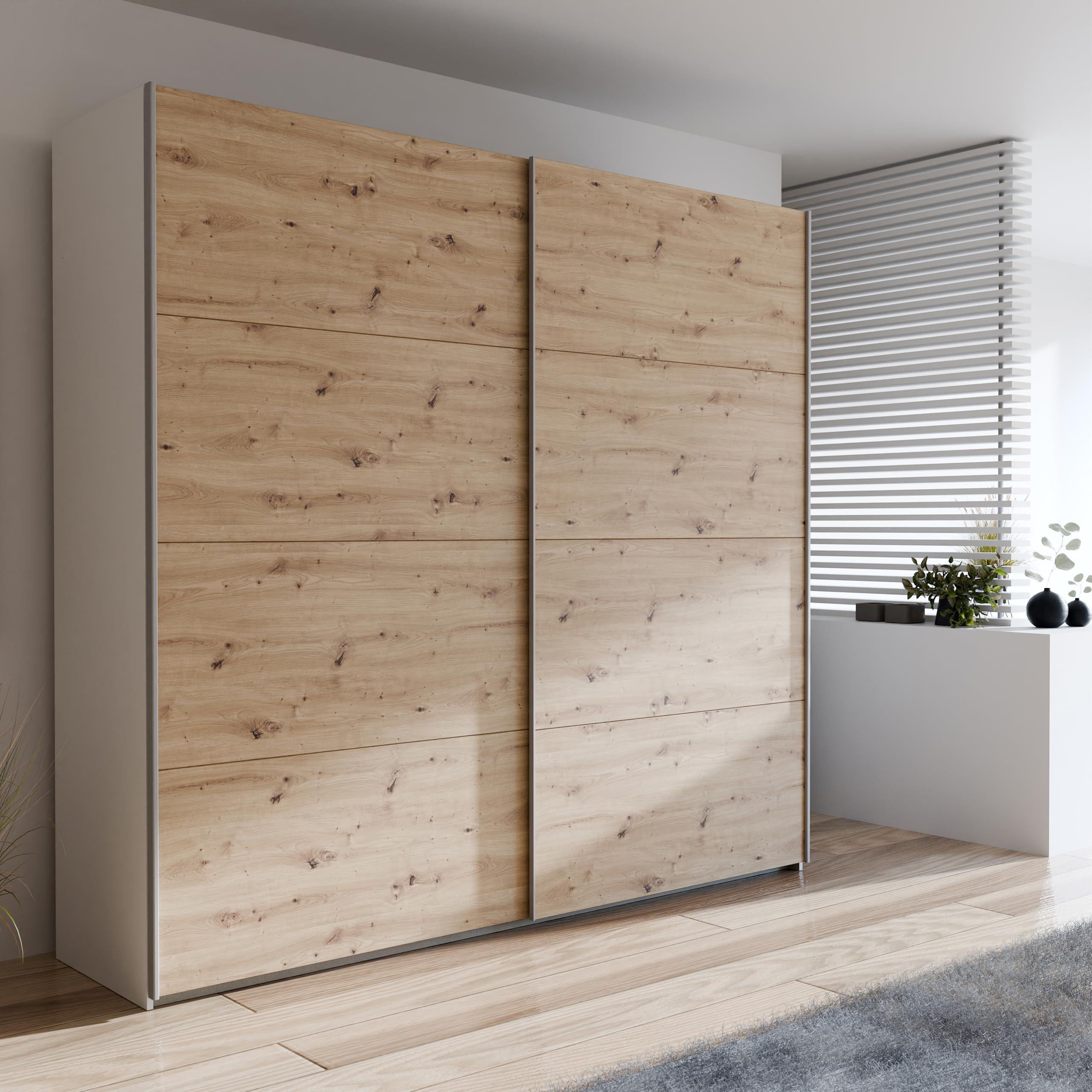 Homely | Armario de Puertas correderas DOMY 220 | Acabado Laminado sintético Color Roble Artisan/Blanco Mate | Medidas 220x61,2. Altura 210 cm. | Diseño Funcional
