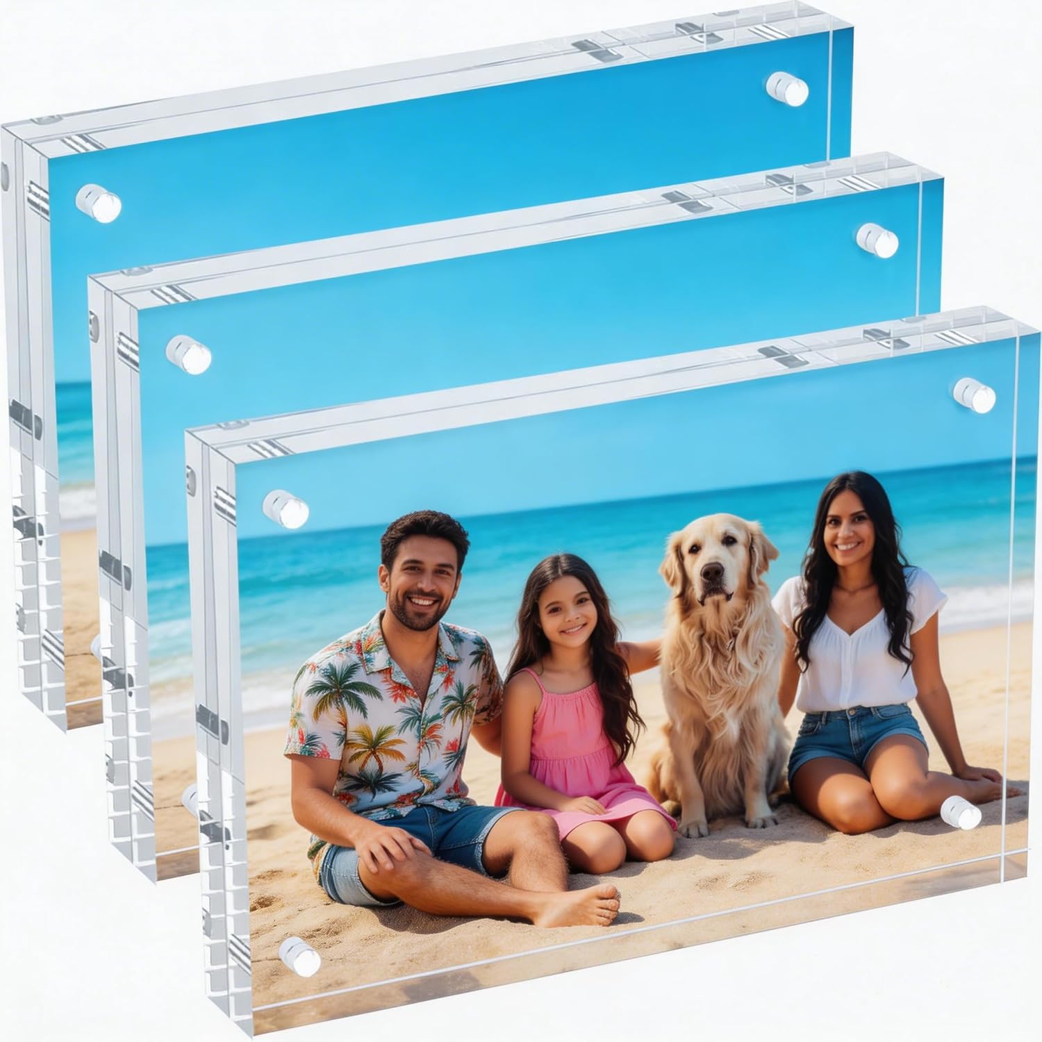 3 Packs 5x7 Inch Acrylic Picture Frames, 20mm Thickness Magnetic Photo Frame, Clear Freestanding Double Sided Frameless Transparent Tabletop Acrylic Frame Stand for Desktop Display