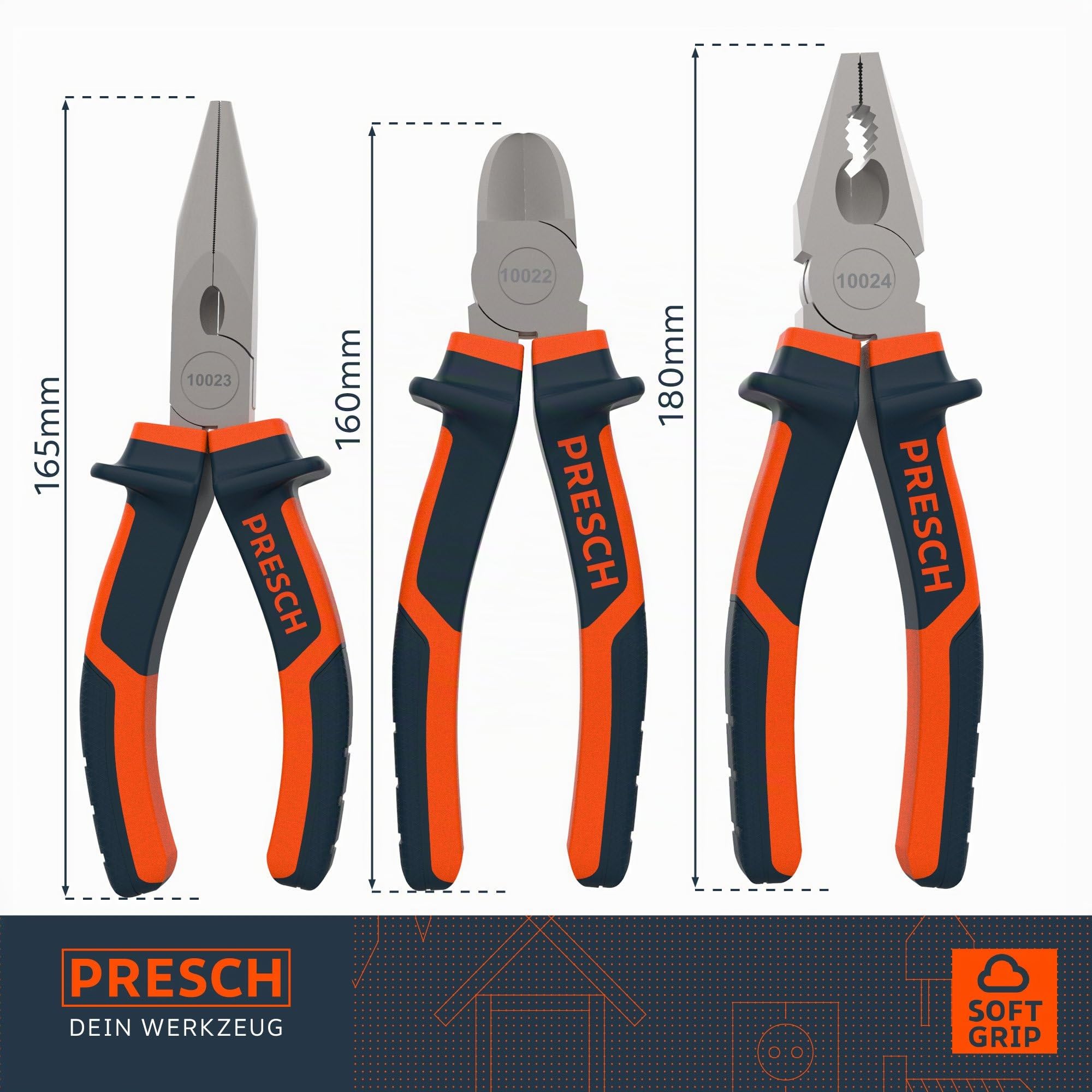 Presch juego 3 alicates - juego de alicates profesionales con alicate de punta, de corte 160 mm y universal 180 mm
