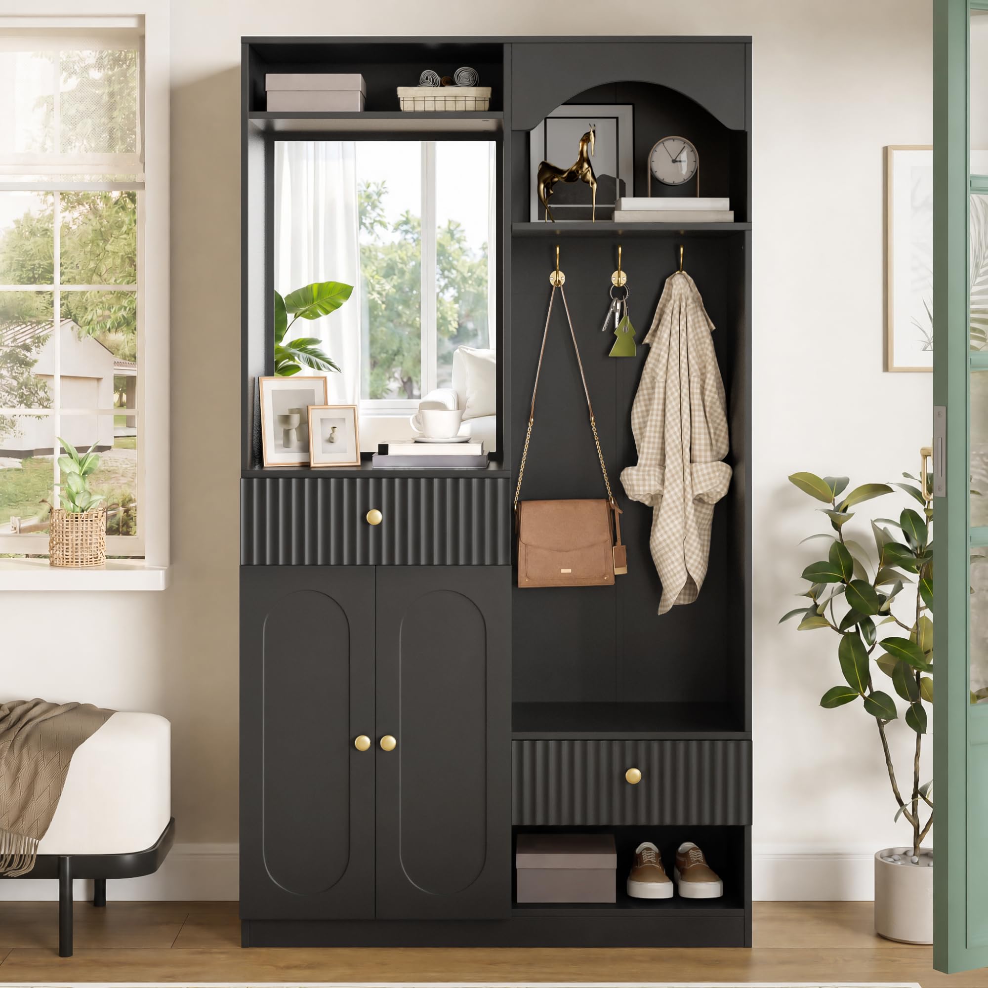 Garderobe Set Garderobenschrank Höhe 180 cm mit LED Licht und Spiegel, Garderobenset Flurgarderoben Set mit Wandgarderobe und Sitzbank, Kompaktgarderobe Flurmöbel mit Haken und 2 Tür, Schwarz