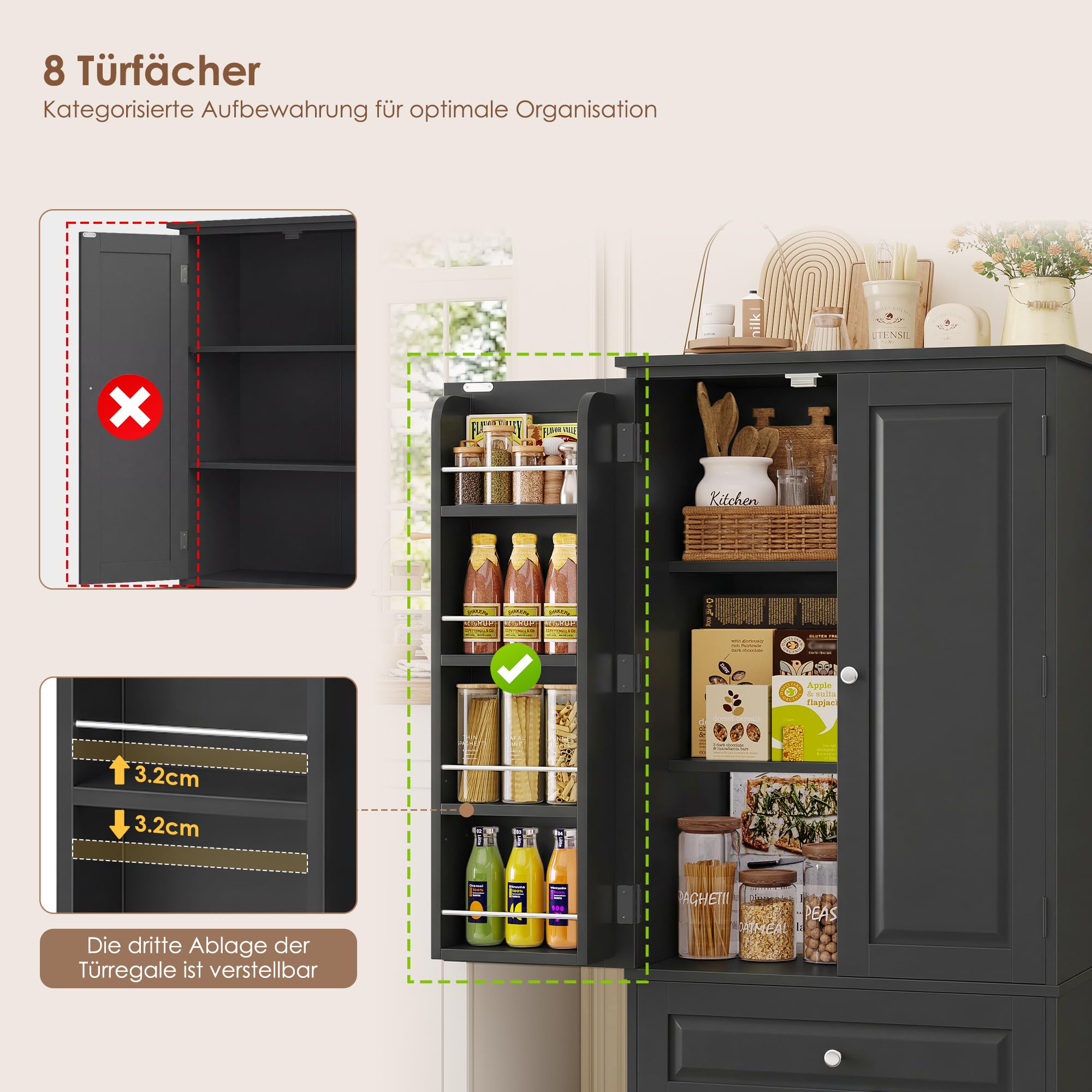 FOREHILL Küchenschrank Vorratsschrank Buffetschrank mit 3 Schubladen, 8 Türregalen und 2 Türen, Mehrzweckschrank für Küche, Esszimmer, Badezimmer und Wohnzimmer, 60x40x150cm, Schwarz