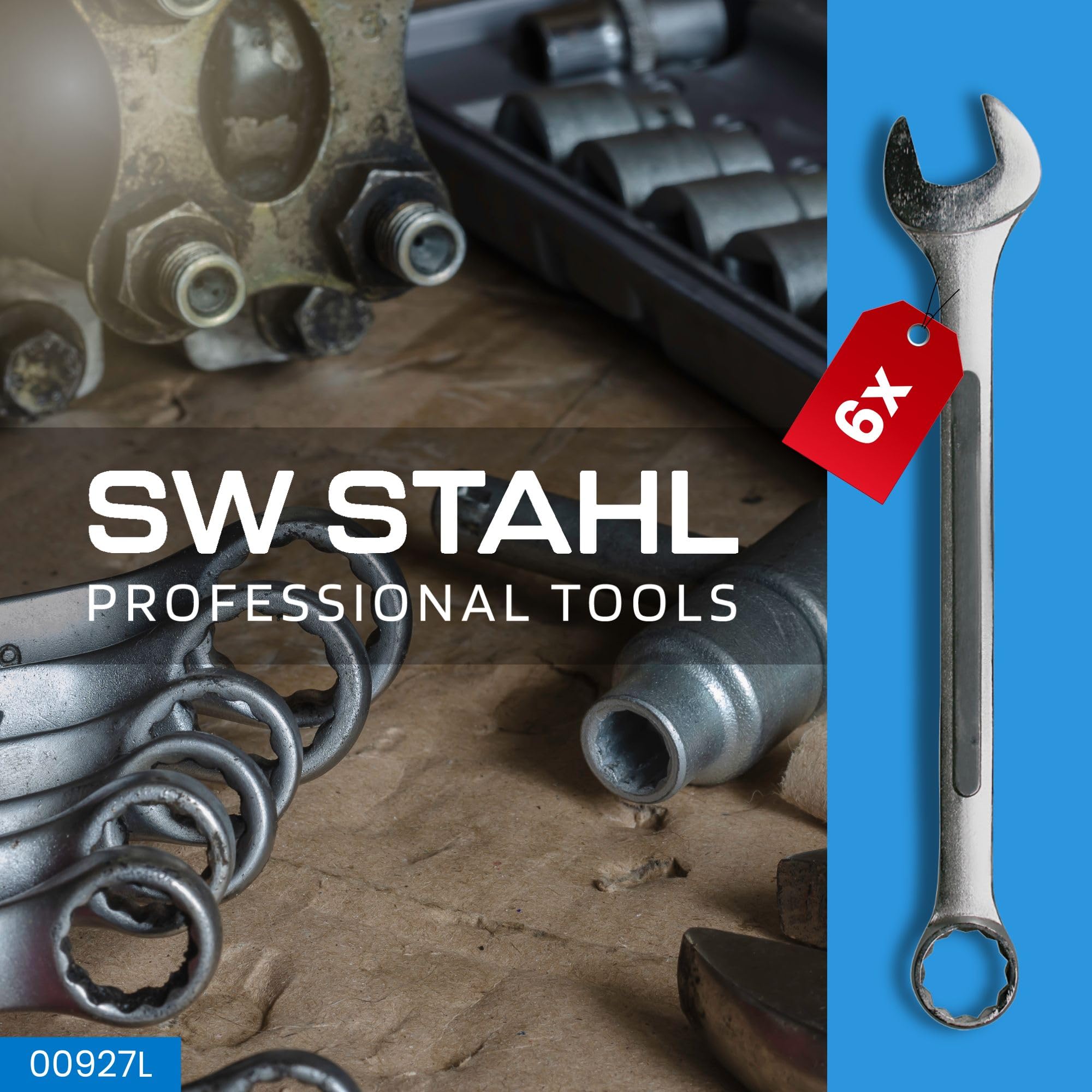 SW-Stahl 00927L Jumbo Gabelringschlüsselsatz - 34-50 mm - 6-teilig | Extra Lange Ausführung - Mattverchromter Chrom-Vanadium-Stahl - Inklusive Rolltasche - Maulringschlüssel Set