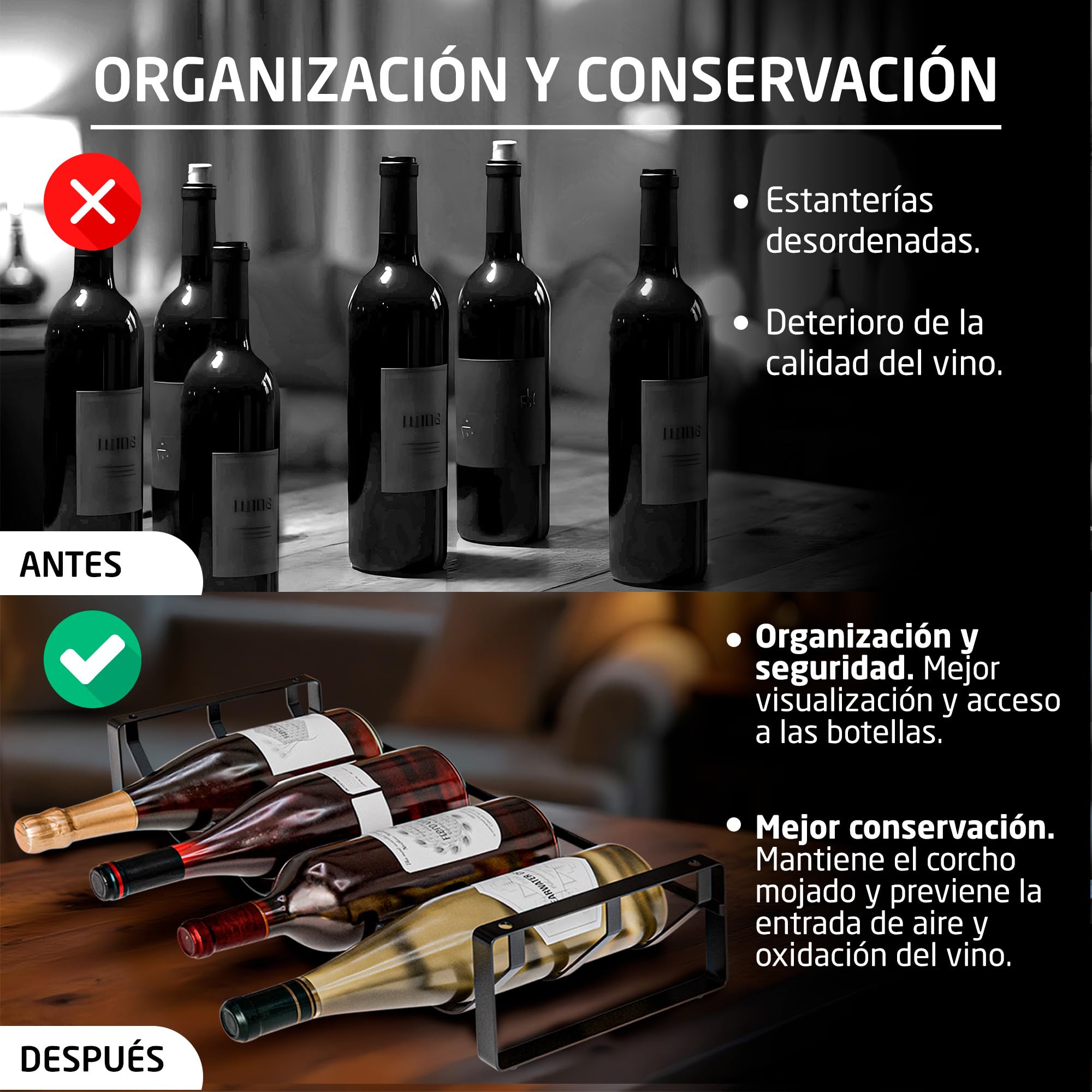 Amig - Botellero Apilable para 8 Botellas - Pack de 2 Estanterías de Acero Negro - Organizador para Botellas de Vino en Cocina, Despensa, Comedor o Bodega - Medidas: 41 x 20,5 x 19 cm