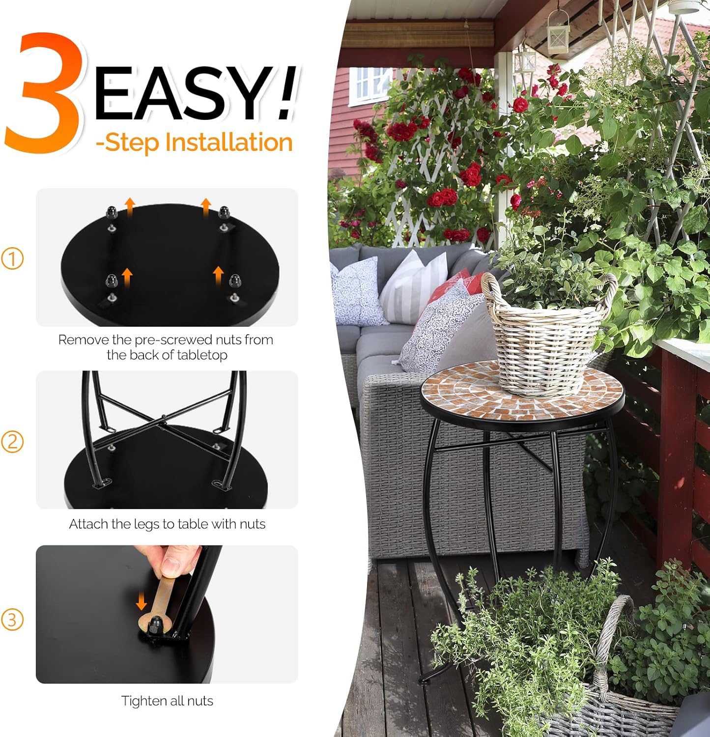 VINGLI Mosaic Outdoor Side Table, 14" Round End Table, Accent Table, Plant Stand Ideal for Pool Side, Porch, Patio, Deck or Sofa Side, Glass Top Black Iron, Golden Backyard