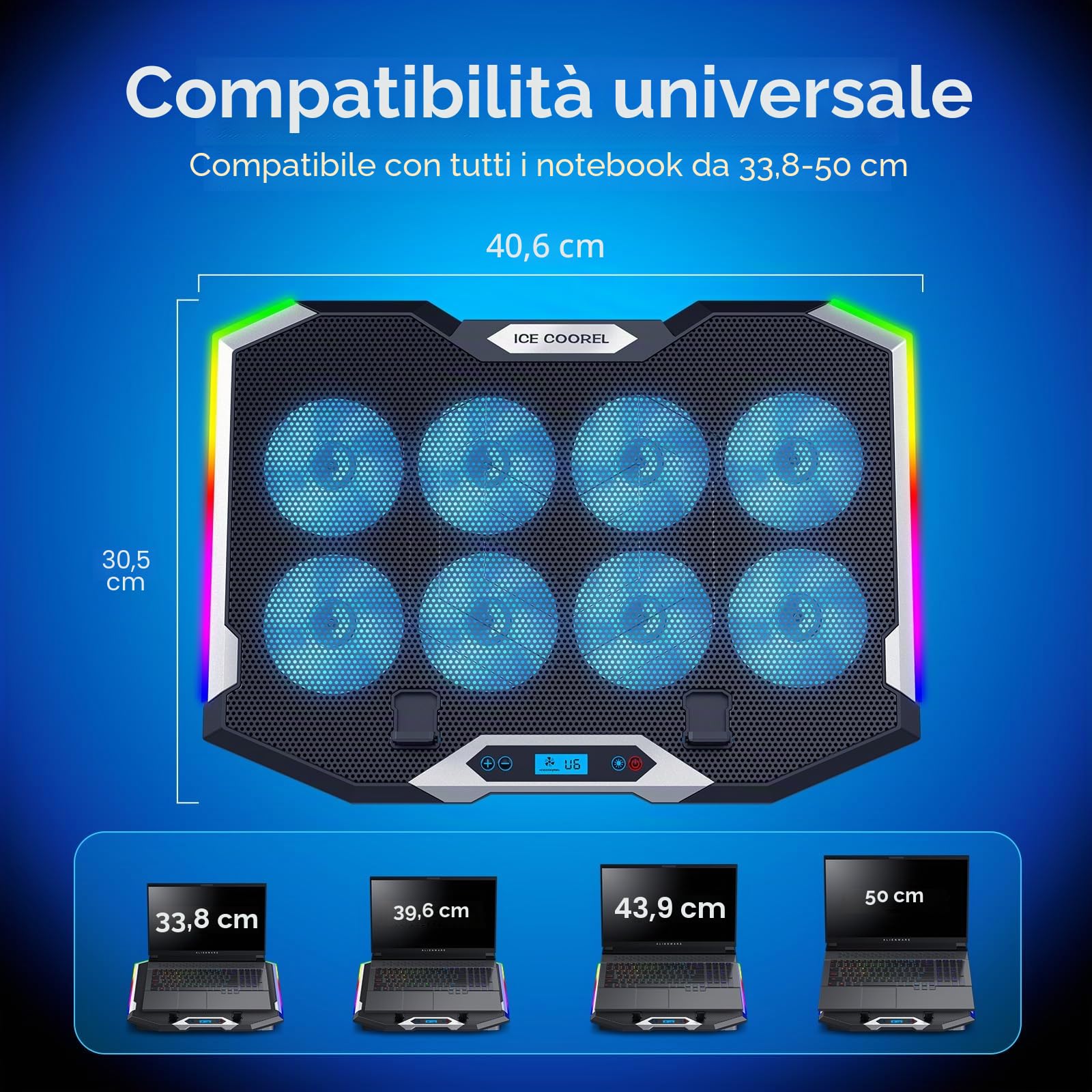 ICE COOREL Tappetino di raffreddamento per laptop da gioco con 8 ventole di raffreddamento, pad di raffreddamento RGB per laptop da 15-17,3 pollici, supporto per laptop con 6 altezze regolabili, pad