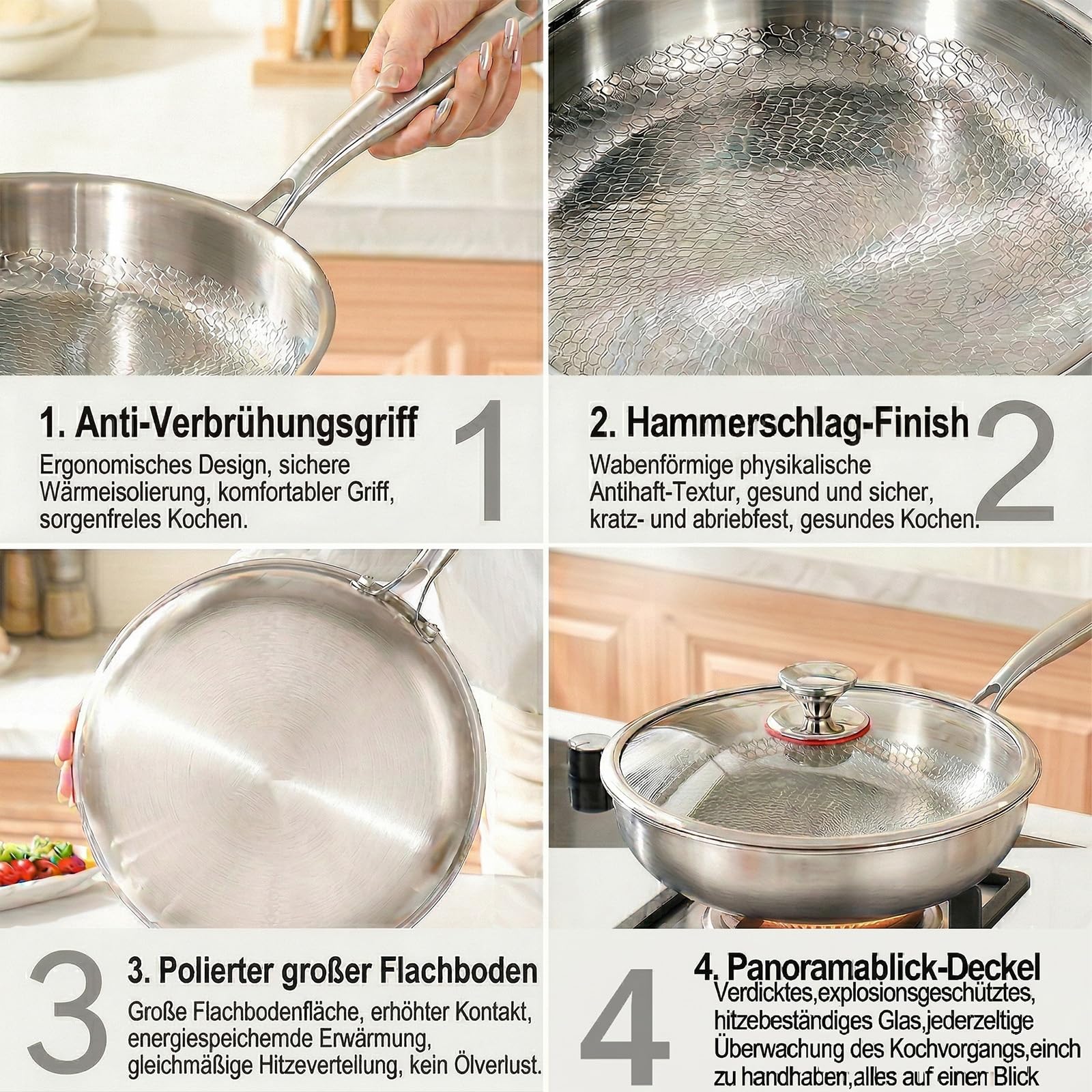 Titan Pfanne, Titanium Hammered Pan Pro mit Deckel, 28 CM Titan Pfanne Unbeschichtet, Antihaftbeschichtete Bratpfannen, Verdickt haltbar, Geeignet für Herdarten geeignet Spülmaschinen (28 cm)