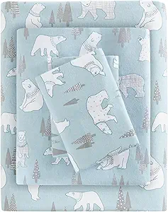 True North by Sleep Philosophy Cozy Flannel Warm 100% Cotton Sheet - Novelty Print Animals Stars Cute Ultra Soft Cold Weather Bedding Set, King, Blue Polar Bears 4 Piece