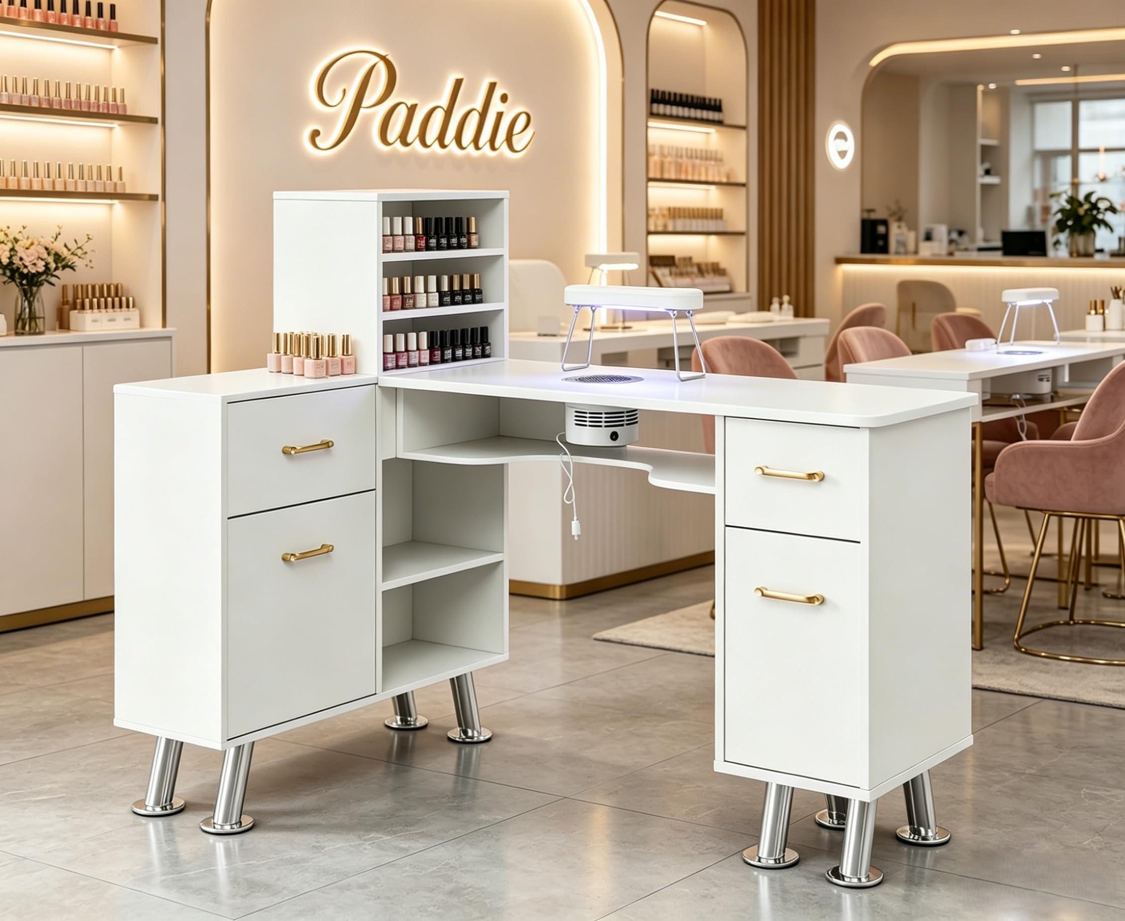 Paddie L-Shaped Manicure Table with Dust Collector
