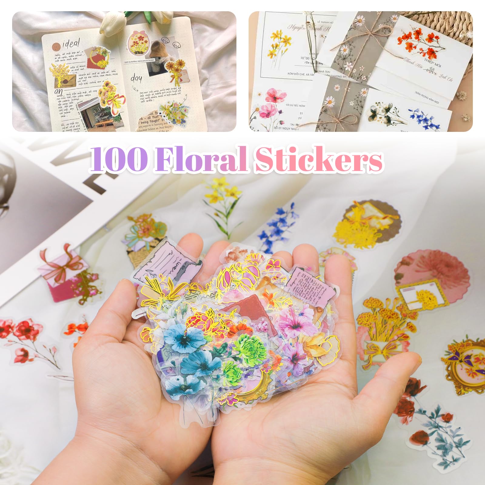100 przezroczystych naklejek do scrapbookingu, naklejki kwiatowe, PET i rośliny, samoprzylepne, wodoodporne, do scrapbookingu, albumu fotograficznego, dziennika, etui na telefon komórkowy
