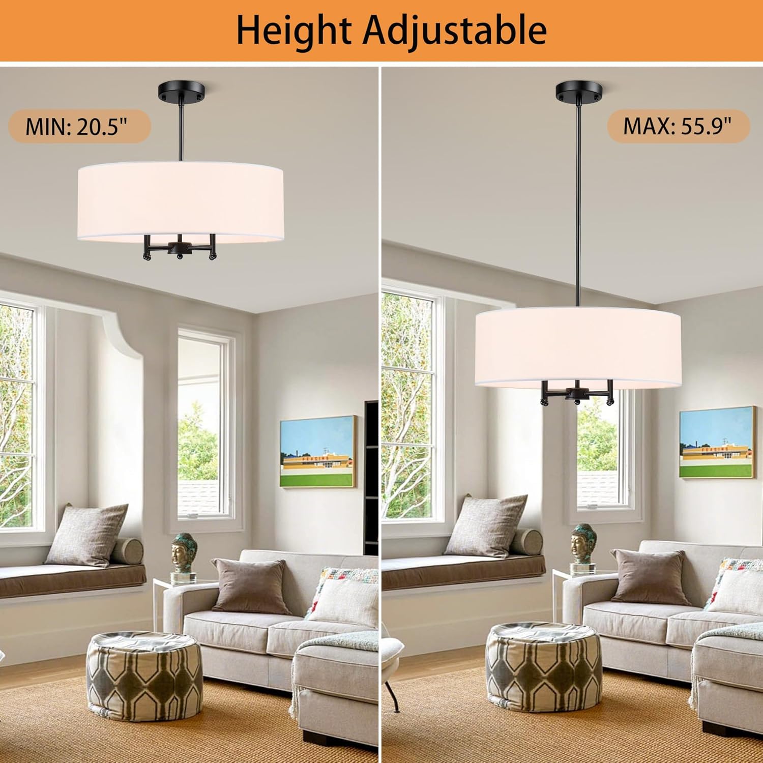 20" Black Drum Chandelier, 4-Light Modern Farmhouse Pendant Light Fixture with White Fabric Shade, Adjustable Hanging Height Chandeliers for Dining Room, Living Room, Bedroom, Entryway, Kitchen