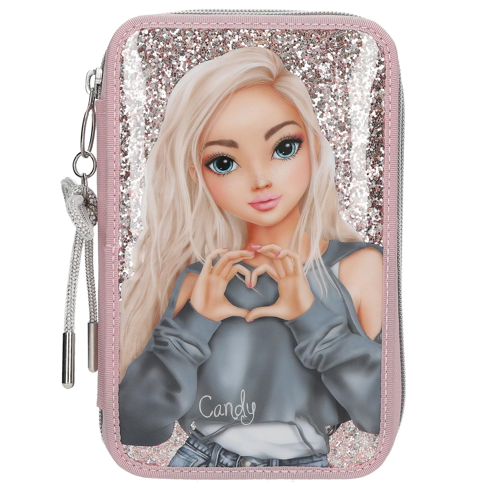 Depesche 13293 TOPModel My BFF - Gefüllte 2-Fach Federtasche in Rosa, mit Model Motiv und Glitzer, Federmappe mit Buntstiften, Lineal, Klebestift uvm.