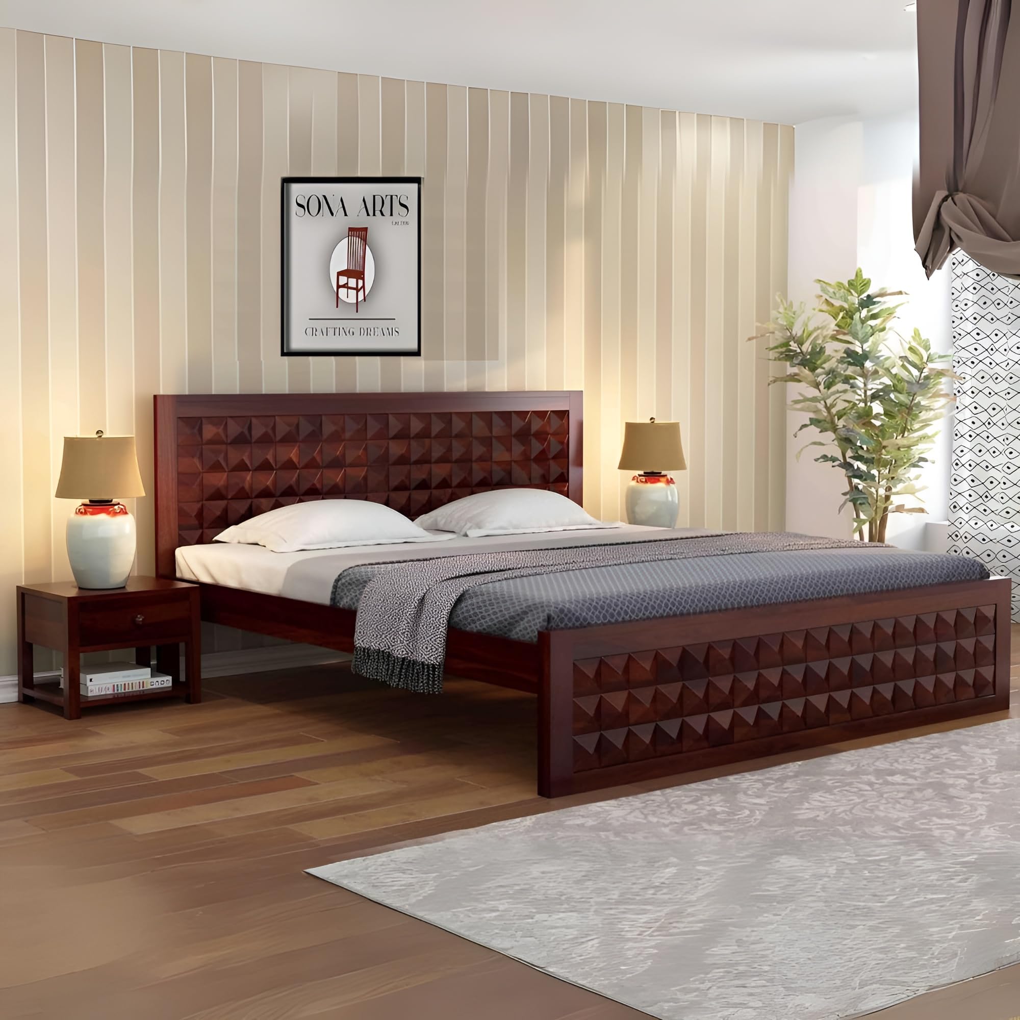 SONA ART & CRAFTS Solid Sheesham Wood King Size Bed without Storage + 2 Bedside | Wooden King Size Cot Bed | Double Bed with 2 Bedside Furniture for Bedroom -Diamond, Walnut Finish (Assembly Included)
