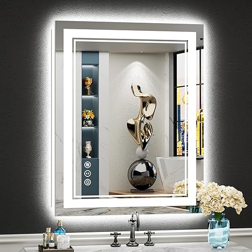 Espejo de baño LED de 30 x 36 pulgadas con luces, retroiluminado + frontal iluminado, espejo de tocador con luz antiniebla para pared de baño con 3