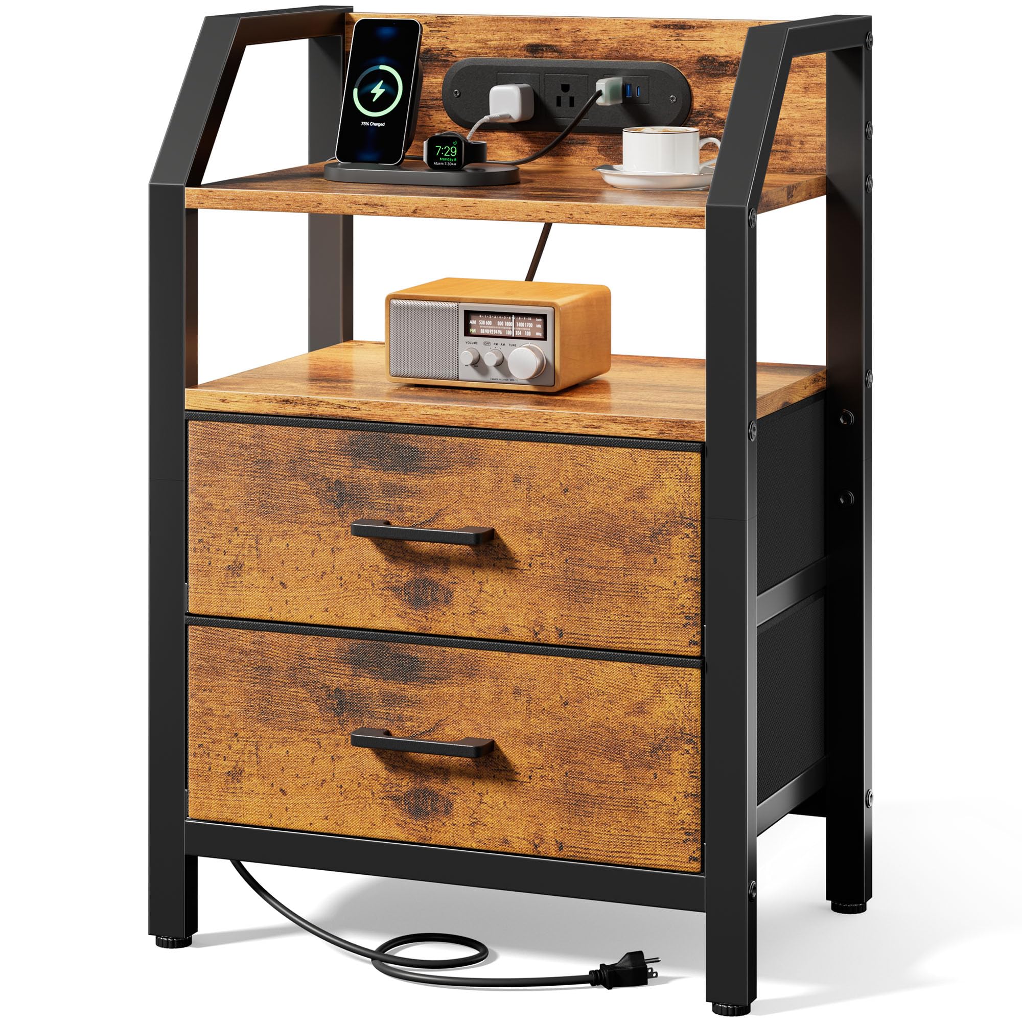 HLDIRECT Comodino con stazione di ricarica, porte USB e prese AC, comodino a LED con 2 cassetti in tessuto e ripiano portaoggetti, comodino per camera da letto, tavolino per soggiorno (marrone rustico