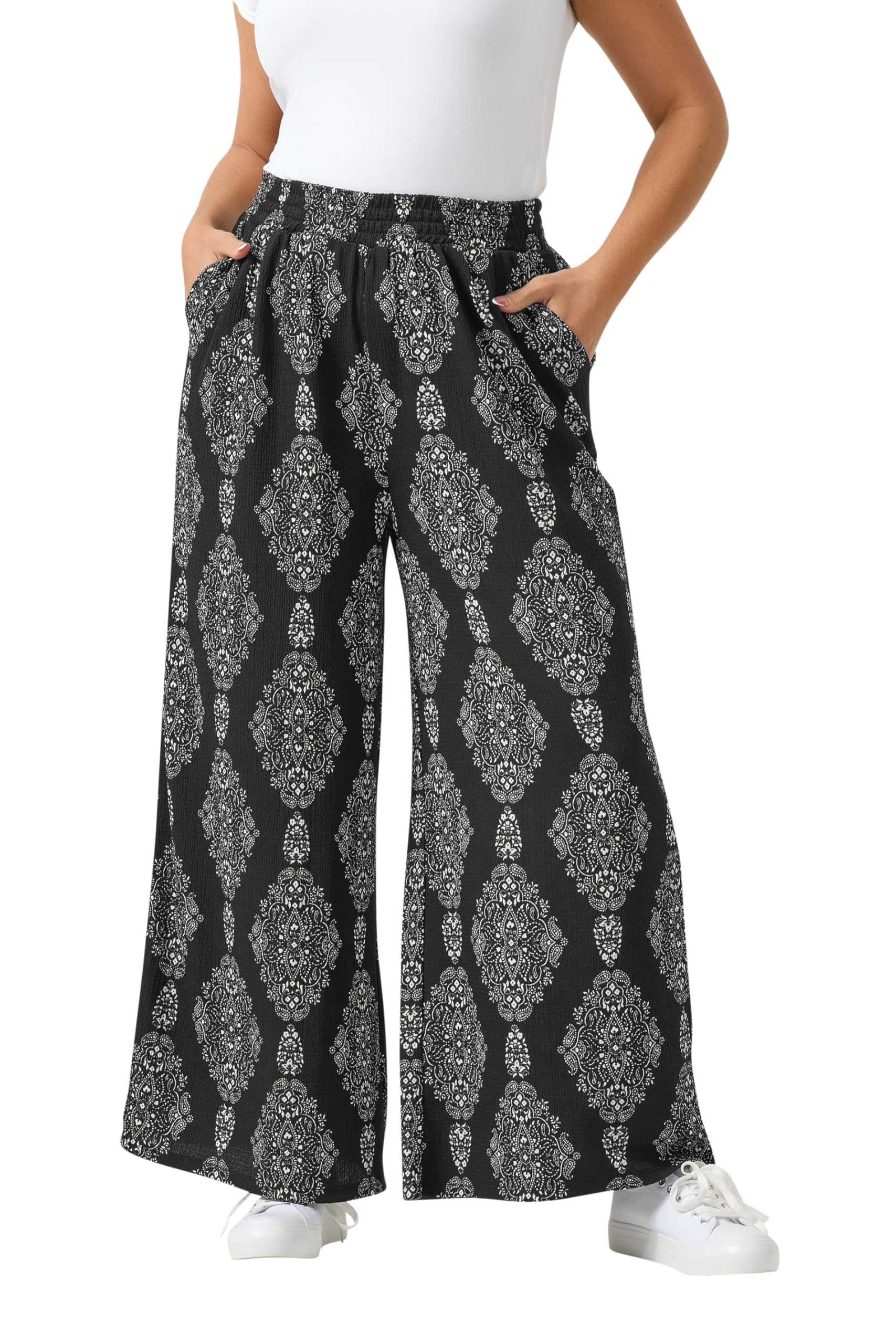 Yours Curve Black Paisley Textured Trousers - Women's - Plus Size Curve