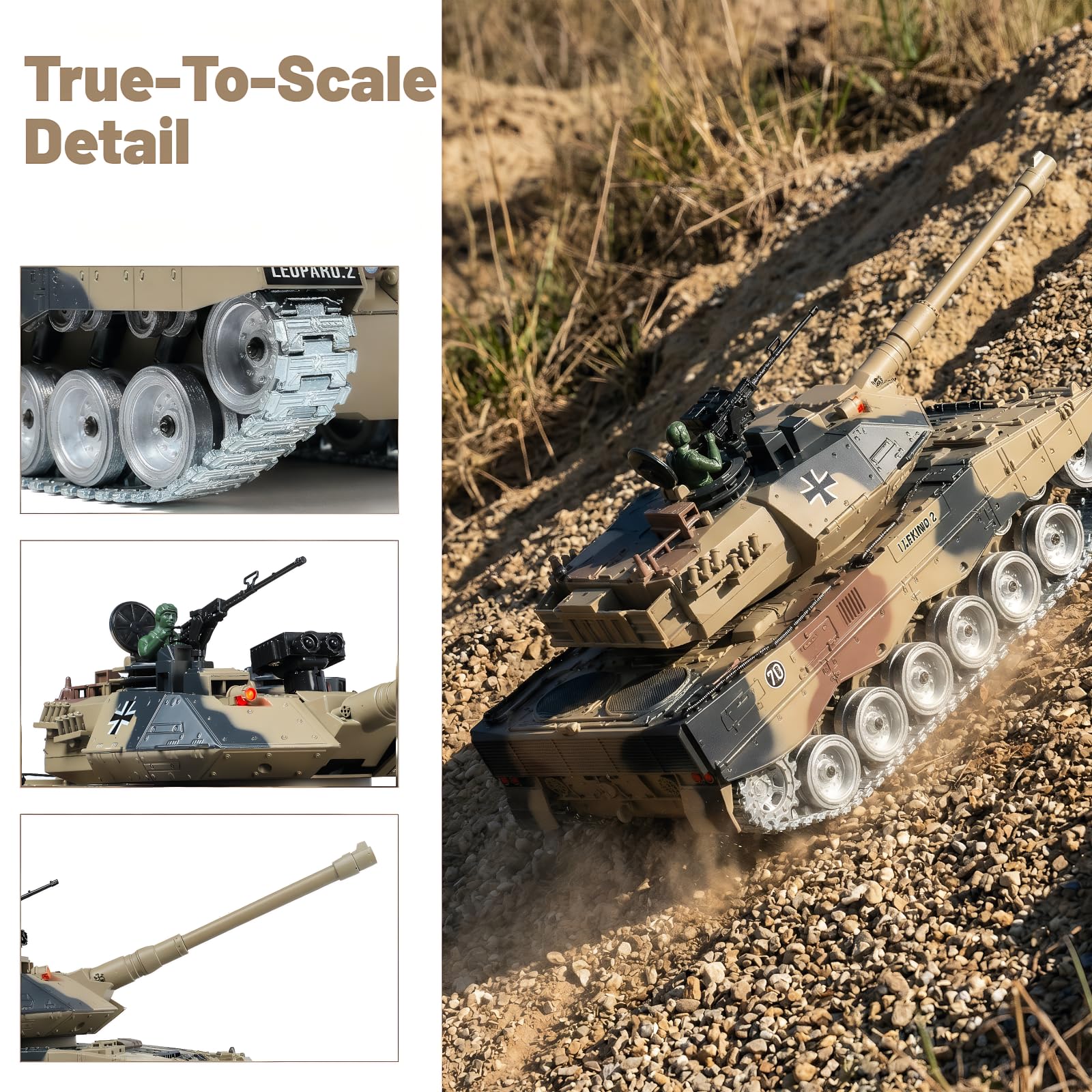 Tanque RC Leopard 2A 1:18 Orugas Metálicas – Humo Sonido 2.4GHz Rotación 360° | Tanque Teledirigido Militar Regalo Niño 8 Años | Kit Completo
