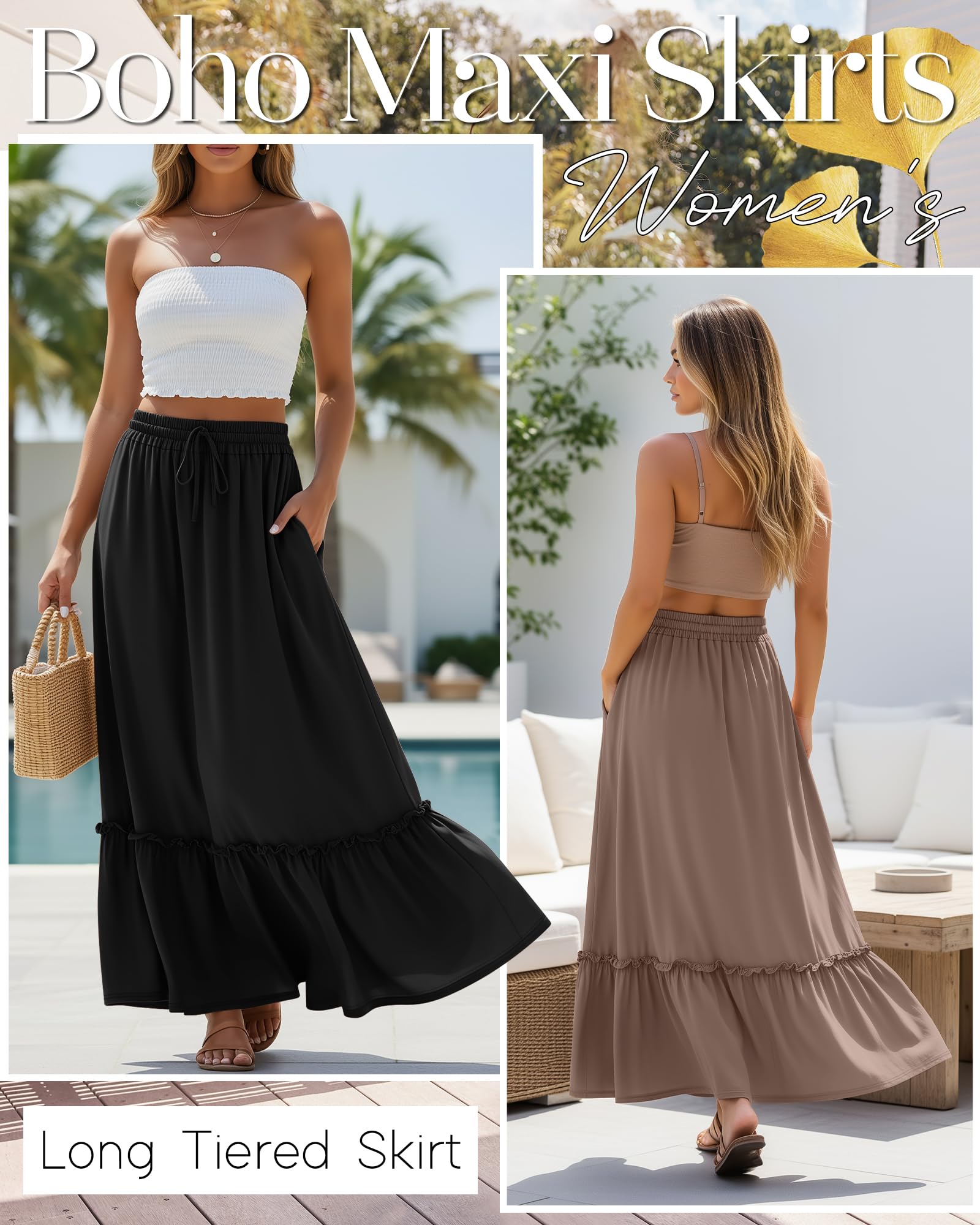 Ficerd 3 Pezzi Gonne Maxi Boho da Donna, Gonne Lunghe a Strati Fluide con Volant, Vita Alta con Coulisse Regolabile e Tasche
