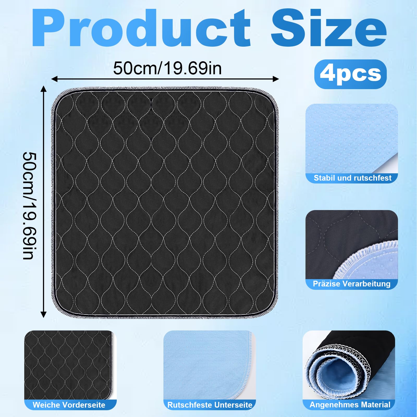 4 Stück Waschbare Inkontinenz Sitzauflage, 50x50cm Saugfähige Inkontinenzunterlage, wasserdichte Betteinlagen, Wiederverwendbar, für Rollstuhl, Bettauflagen, Auto, Sofa—Schwarz