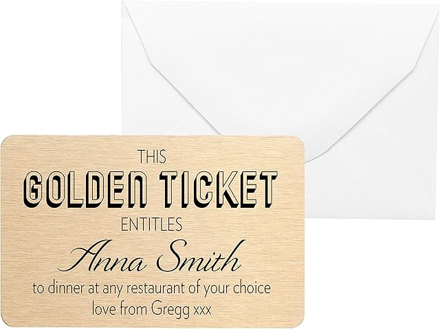 Personalised Keepsake Golden Ticket Gift Voucher Metal Wallet Card Birthday Christmas Valentines Fathers Mothers Day Gift