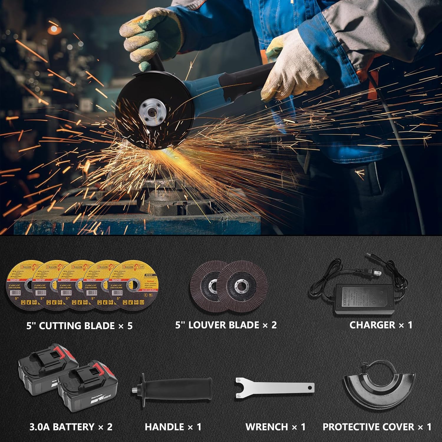 Yofuly Akku Winkelschleifer für Makita Akku 18V 21V, 2× 3.0Ah Akkus & Ladegerät, Akku Flex Trennschleifer 125mm, 9000U/min, 3 Stufige Drehzahlregelung, Inkl. 5* Trennscheibe, 2* Fächerscheibe