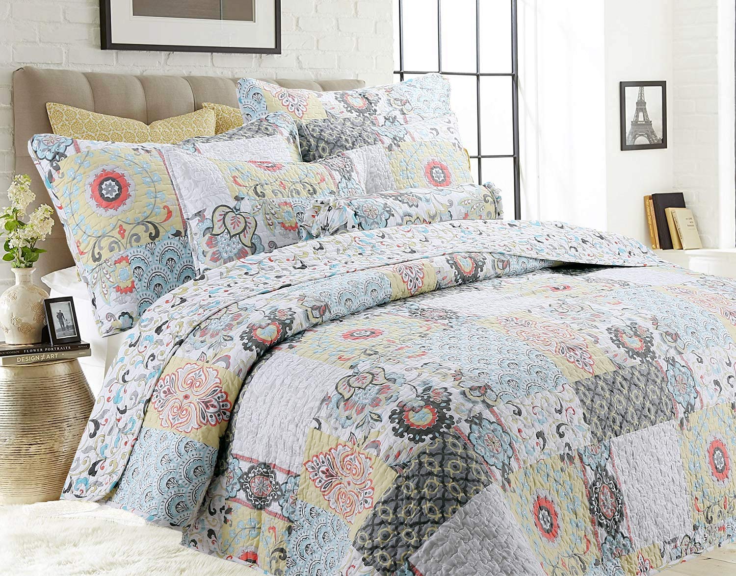 Cozy Line Home FashionsMoorea Floral Gray Yellow Coral Aqua Blue Patchwork Microfiber Reversible Bedding Quilt Set, Coverlet, Bedspread (Fleur-de-lis, King+Décor Pillows - 6 Piece)