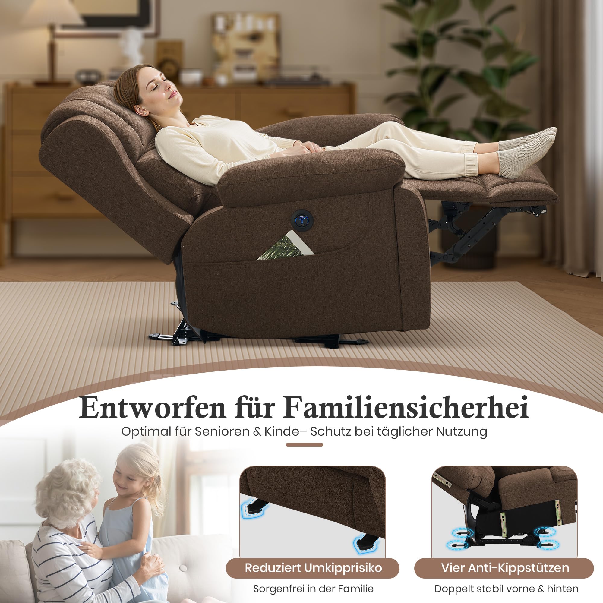 Fernsehsessel Elektrisch Verstellbar, Relaxsessel mit Liegefunktion, TV Sessel mit Massage & Wärmefunktion, Versteckte GeträNkehalter, Typ C & USB-AnschlüSse, bis 160 kg (Braun)