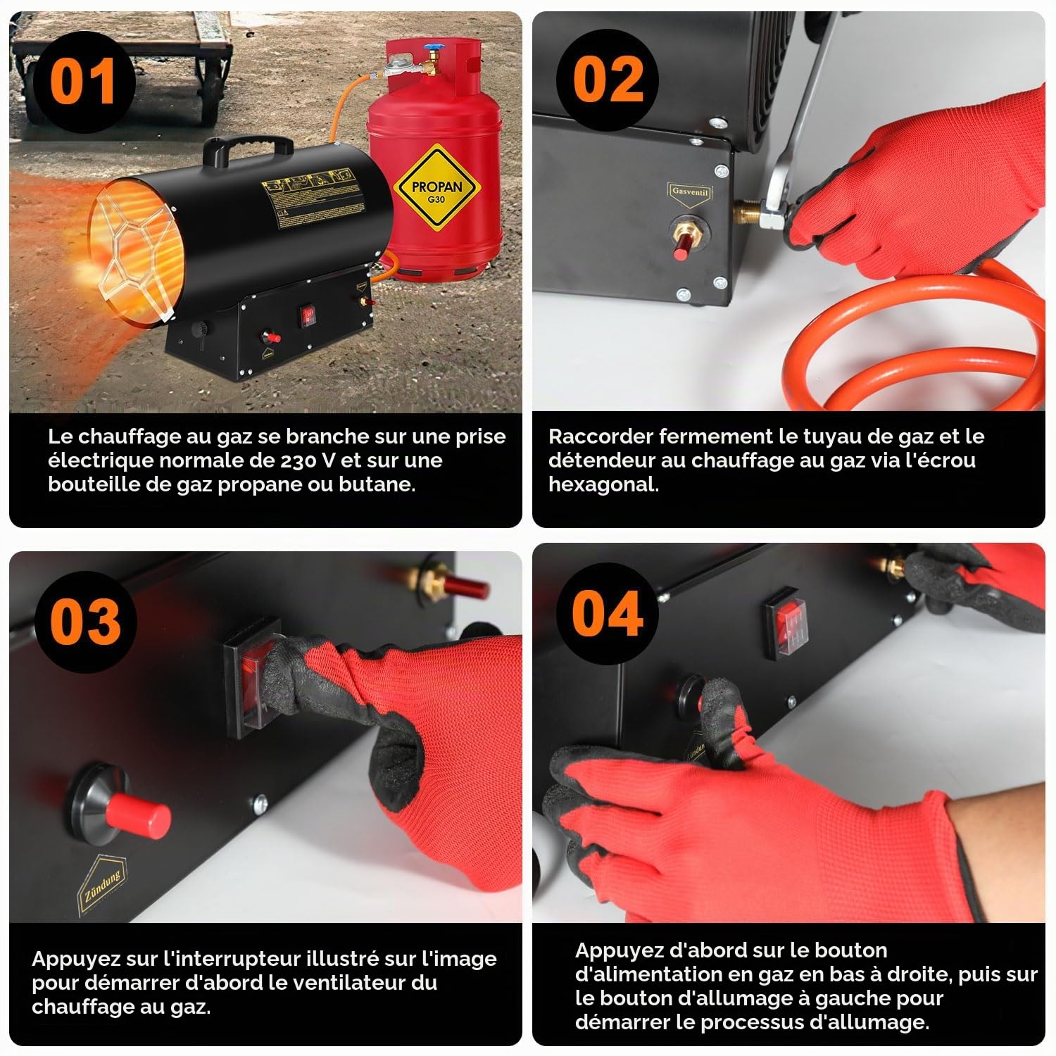 Eulenke 10 kW Chauffage à gaz avec soufflerie - Débit d'air 320 m³/h, radiateur à gaz incluant tuyau de gaz et détendeur, canon à air chaud avec générateur d'air chaud et protection contre la