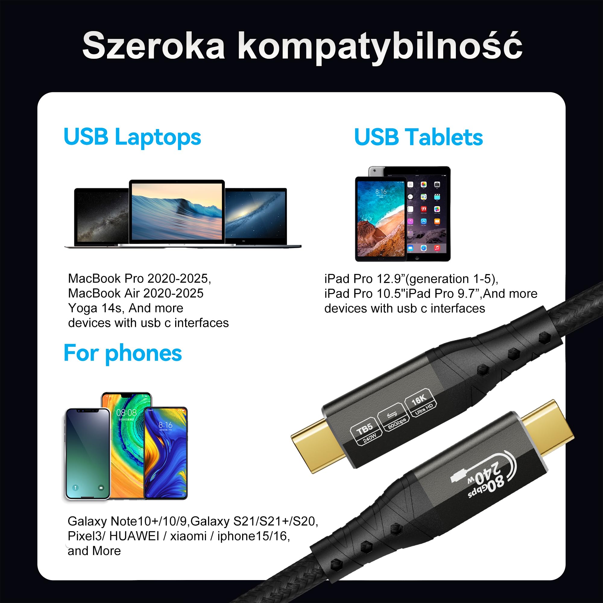 ZIKNYDO Kabel USB C Thunderbolt 5 3 m, transfer danych 80 Gb/s, przepustowość USB C 120 Gb/s dla wyświetlaczy 16K/Dual 8K, PD3.1 240 W, do Thunderbolt 4, MacBook M4, eGPU, Mac mini M4 Pro, monitor