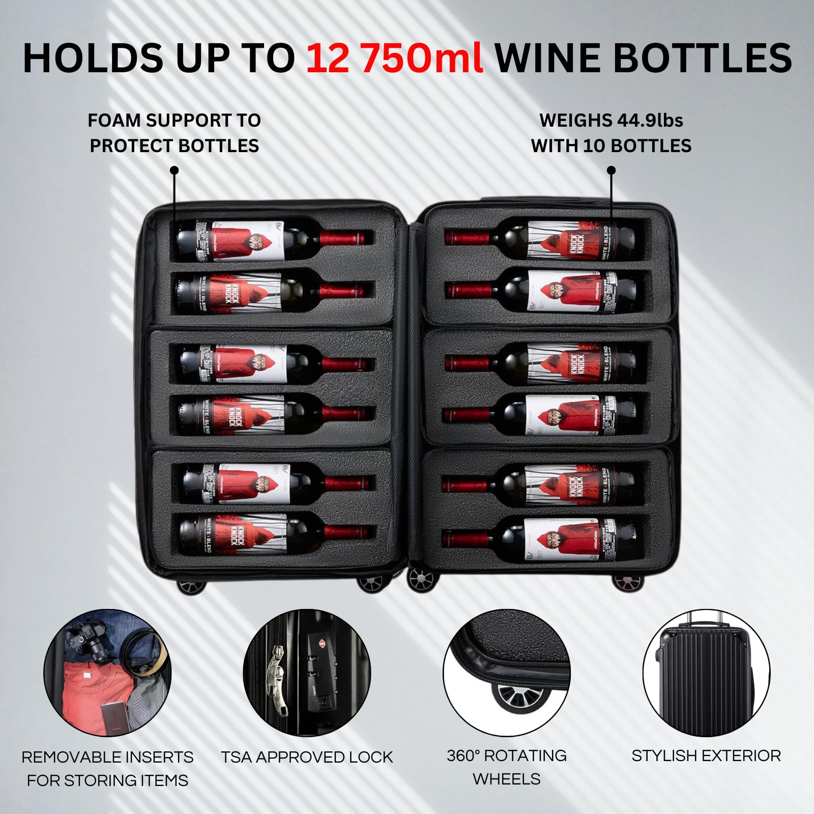 The Wine Savant Valise pour Bouteille de vin avec 6 Sacs de Voyage Extensibles Amovibles, Bordeaux, 12 Bottle, Valise pour Bouteille de vin