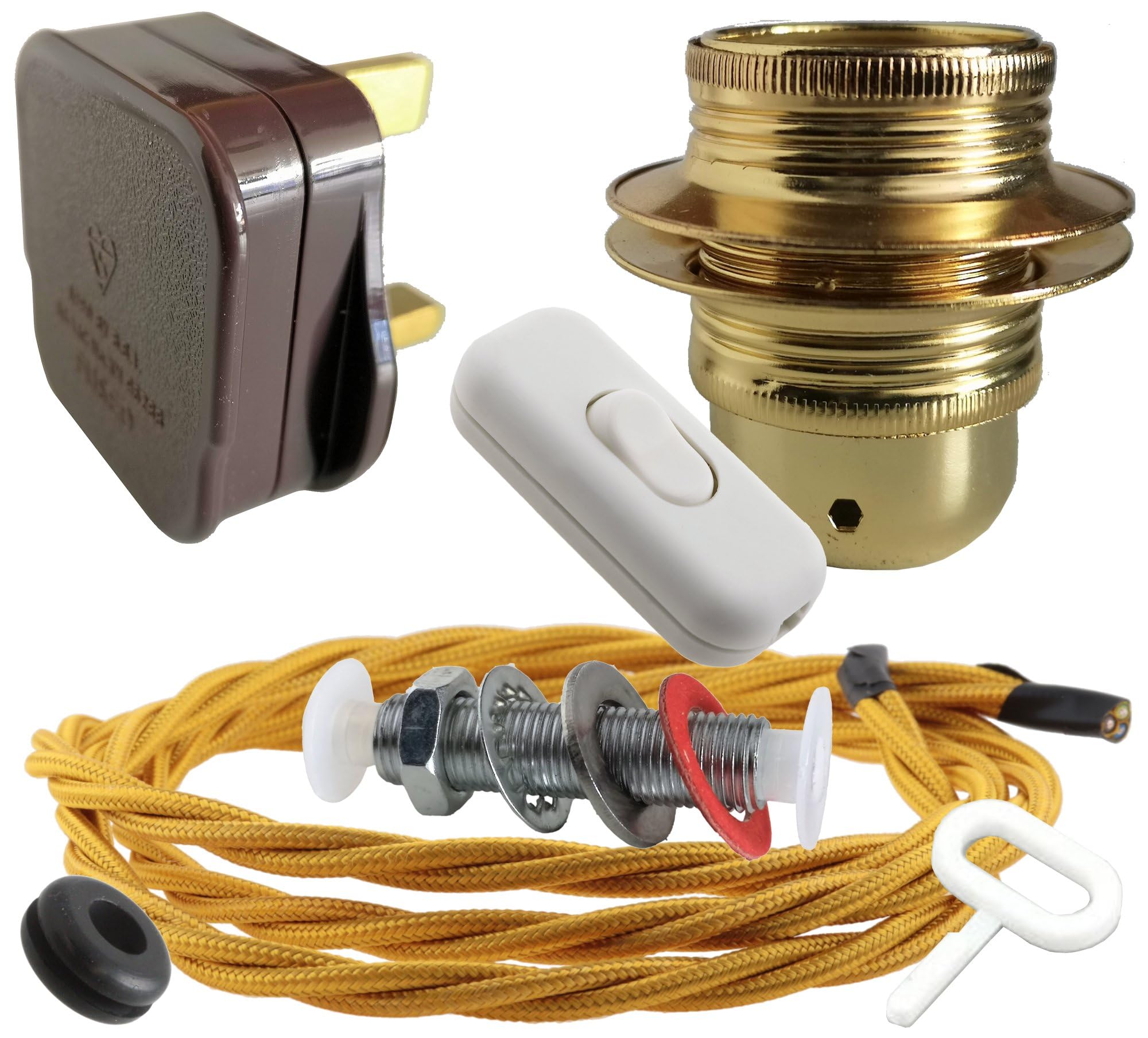 Art Deco Emporium Lamp Repair and Service Kit|Brown Plug|Gold Flex|White Switch|E27 Brass Finish Lamp Holder Holder