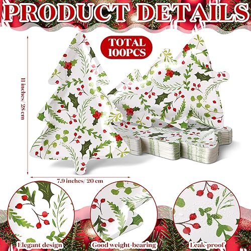Miniatura 3 de 100 platos de papel de Navidad de 11 x 7.9 pulgadas, platos en forma de árbol de Navidad, platos desechables para árbol de Navidad, plato de papel