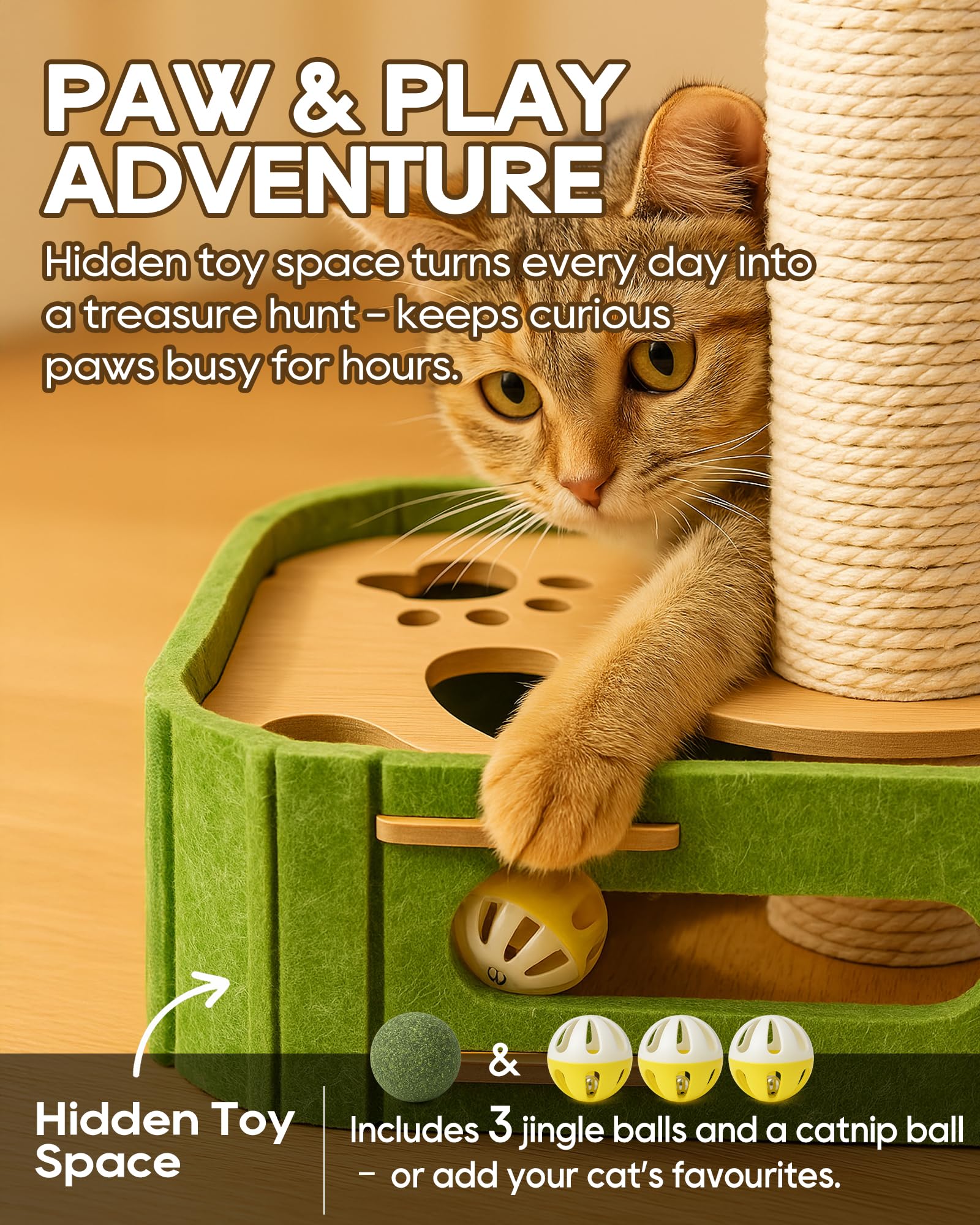 KDULPG Cat Scratching Post with Interactive Cat Toys, Felt Play Box and Sisal Tower - Image 2