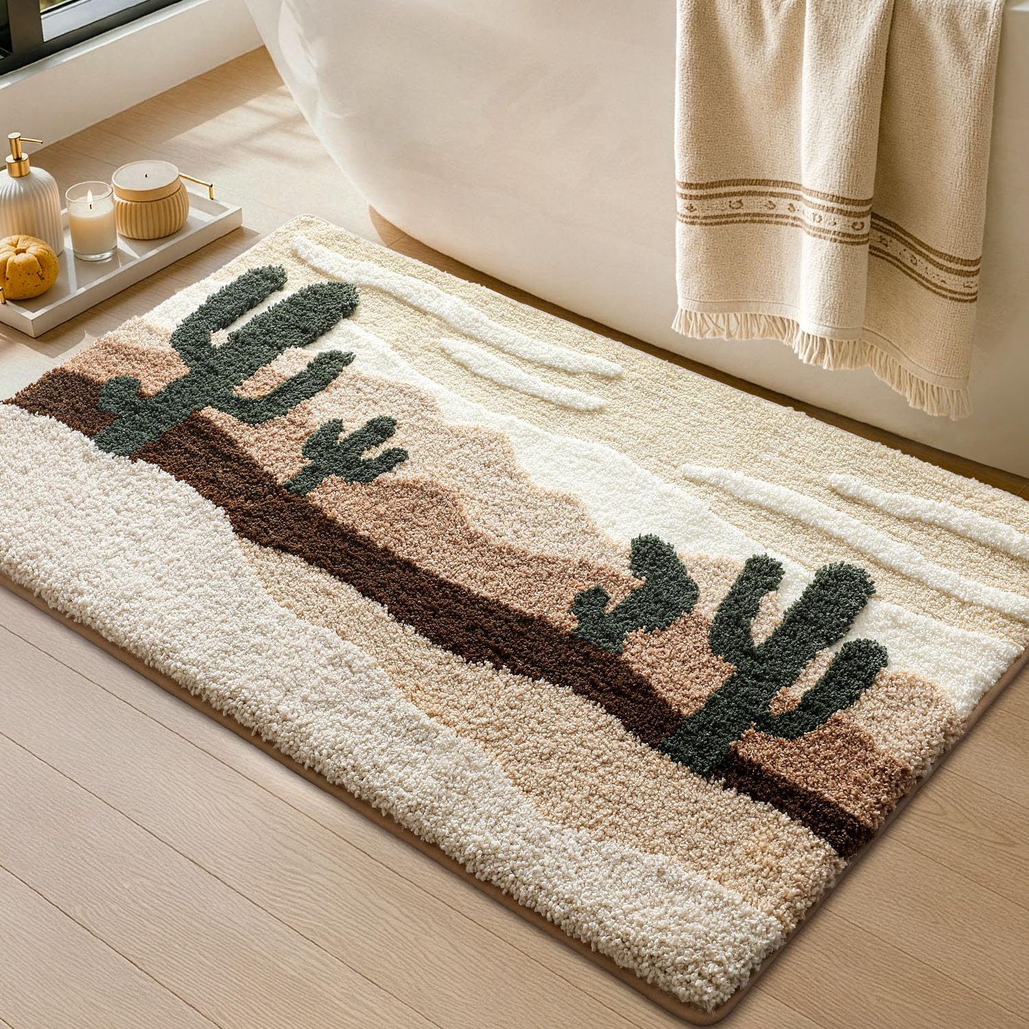 DEXI Bathroom Mat 60 x 90 cm, Non Slip and Absorbent, Beige Cactus