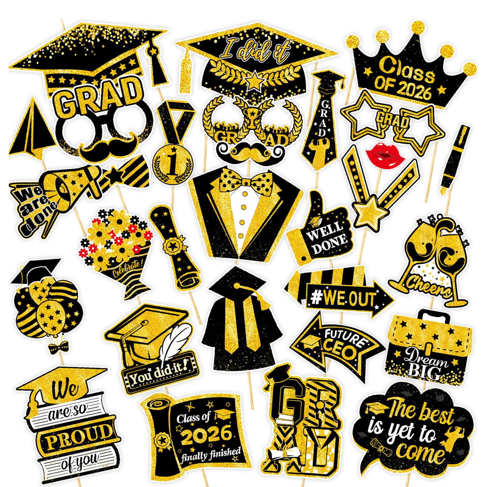 30 Pcs 2026 Graduation Photo Booth Props, Photo Booth Frame, Giant Grad Decorations Selfie Frame, Funny Prom Party Props for Class of 2026 Graduation Party Decor