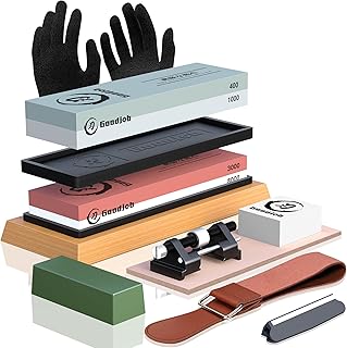 Complete Knife Sharpening Stone Kit - Goodjob Japanese Whetstone Knife Sharpener Stone Set with Dual Grit 400/1000 3000/8000 Wet Stone, Cut Resistant Gloves, Honing Guide, Bamboo Base