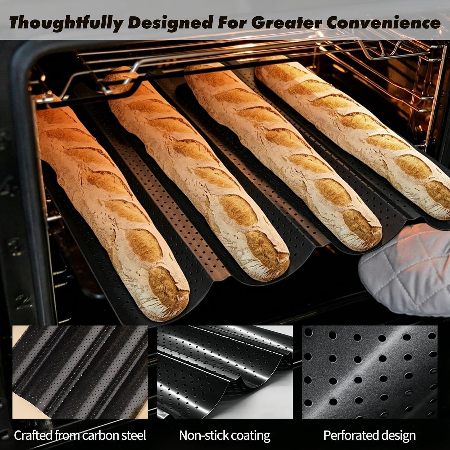 DKE&YMQ Baguette Bread Pan Set, 4-Loaf Perforated Tray with Dough Cutter & Tongs, Nonstick Baguette Pan for Homemade Baguettes