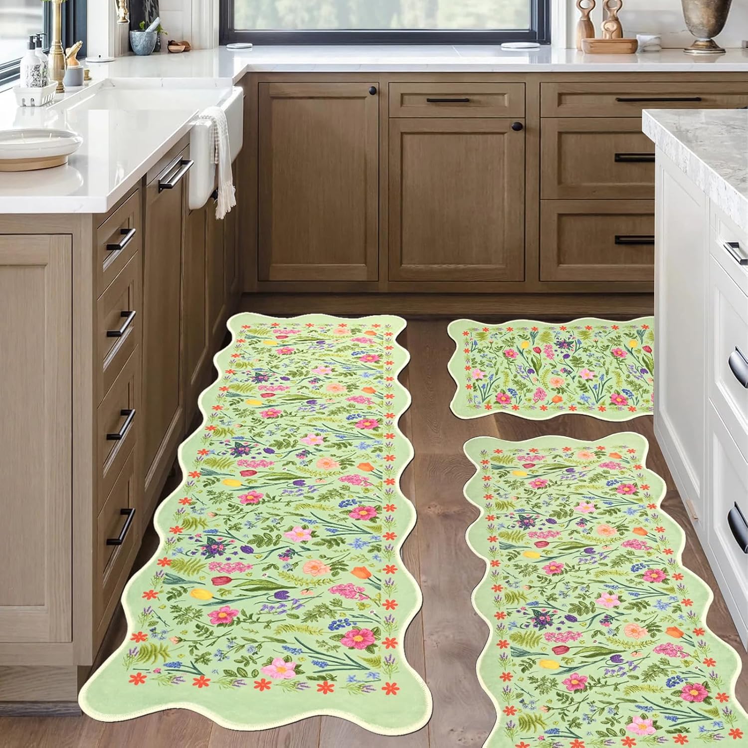 Spring Kitchen Rug Set of 3 Scalloped Green Floral Kitchen Rugs and Mats Non-Slip Washable Comfort Standing Mat for Laundry Room, Bar, Office 20 "x32+20 "x47+20 "x59