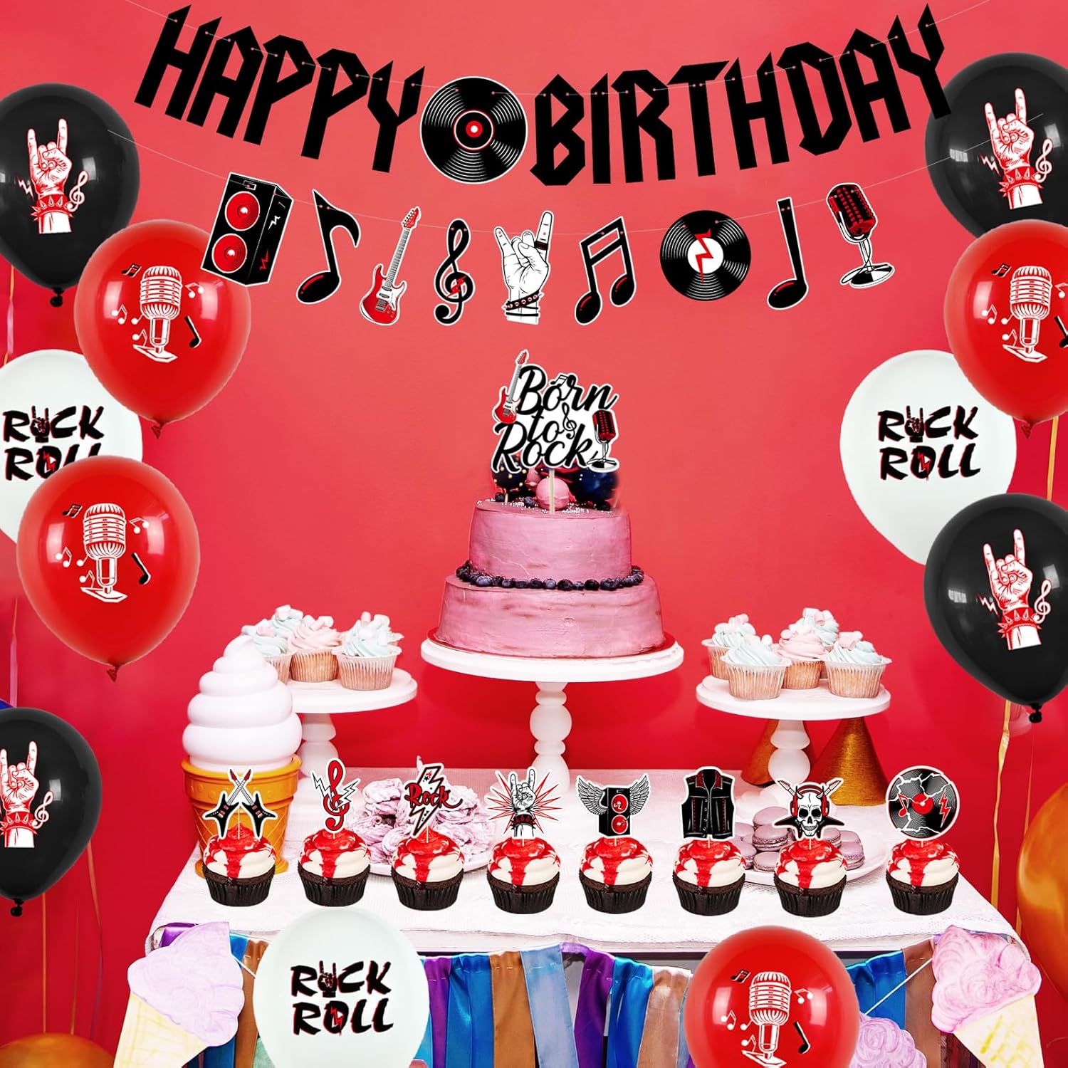Crenics Rock and Roll Birthday Party Decorations - Happy Birthday Banner, Hanging Swirls, Cake Toppers and Balloons for Music Rock & Roll Party Supplies - Image 7