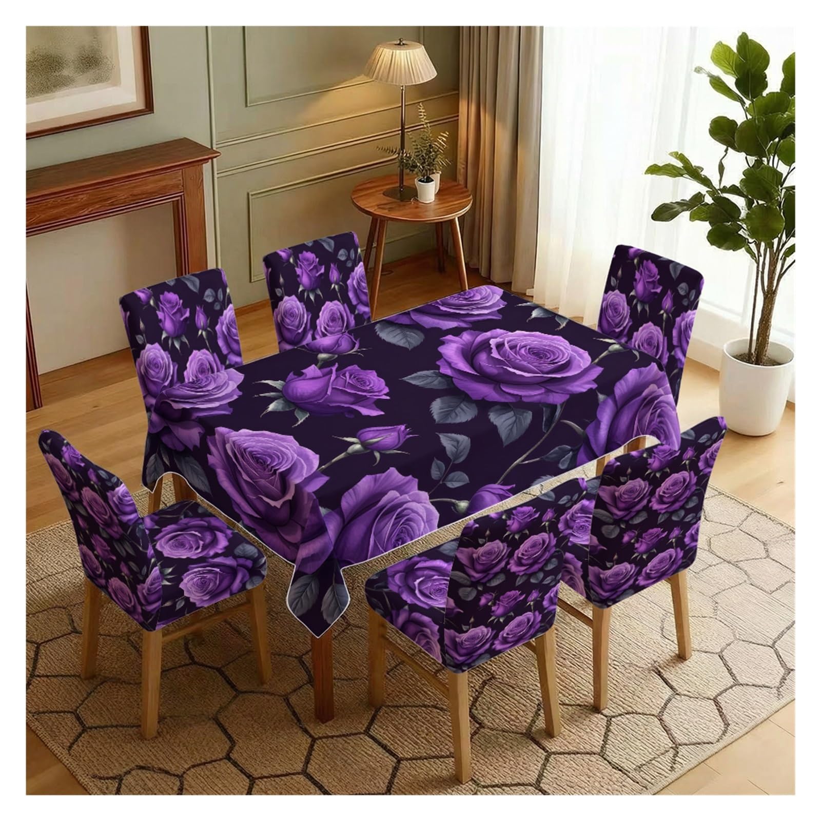 KXUAUV Dark Purple Rose Print Stretch Chair Covers & Tablecloth Set, For Dining Room Kitchen Gothic Party Halloween Decor, 5/7 Pack Party Decor(7pcs Set: Tablecloth+Chair Covers)