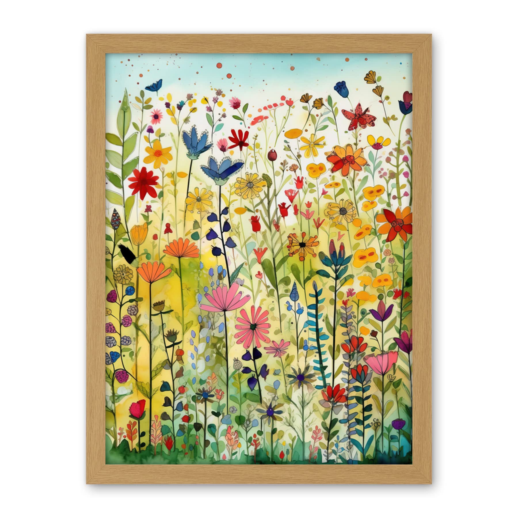 Artery8 Mixed Wildflower Bloom In Meadow Folk Art Artwork Framed Wall Art Print 18X24 Inch