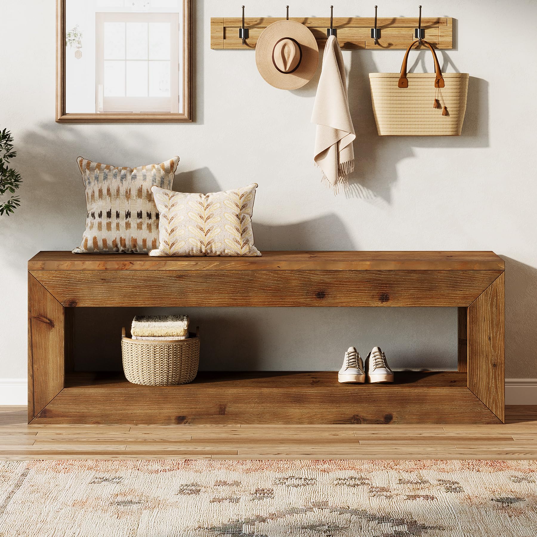 Solid Wood Entryway Bench, 47" Rustic Farmhouse Indoor Bench Seat with Storage Shelf for Entrance, Hallway, End of Bed
