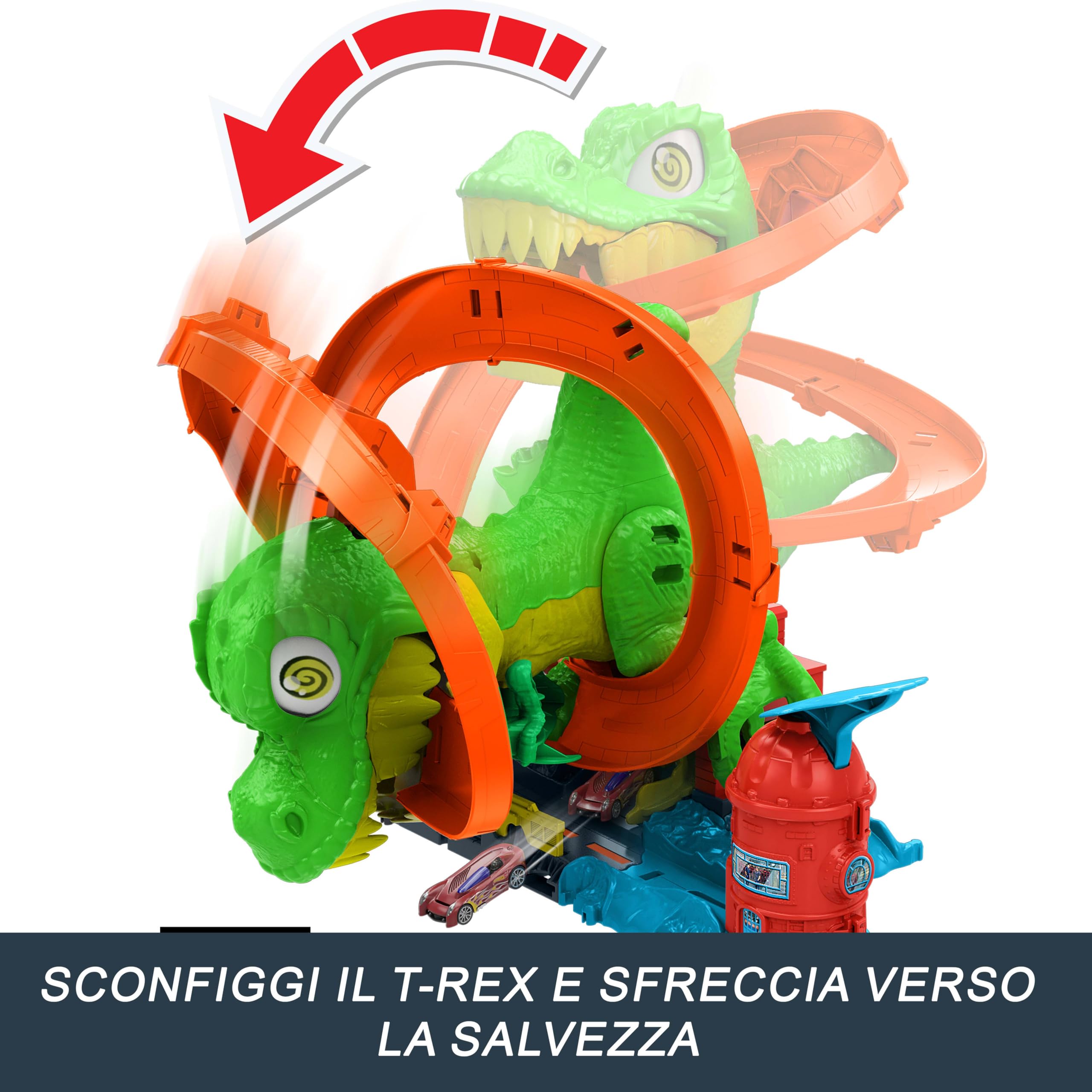 Hot Wheels City - T-Rex Battaglia Infuocata, playset stazione dei pompieri con dinosauro occhi rotanti e pista per gareggiare, camion dei pompieri incluso, giocattolo per bambini, 4+ anni, JBM73