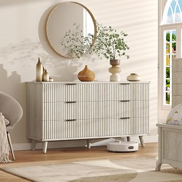 Lulive Wood Dresser for Bedroom with 6 Drawers, 53.2" Long Fluted Modern Chest of Drawers Storage Organizer, Dressers TV Stand for Living Room, Closet, Hallway White Oak