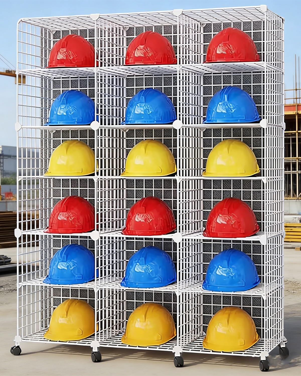 Estante de almacenamiento ajustable apilable para casco de seguridad con ruedas, estante de exhibición móvil para casco duro, sin taladros, fácil montaje (blanco, 111 x 37 x 146 cm), blanco, 111 x 37