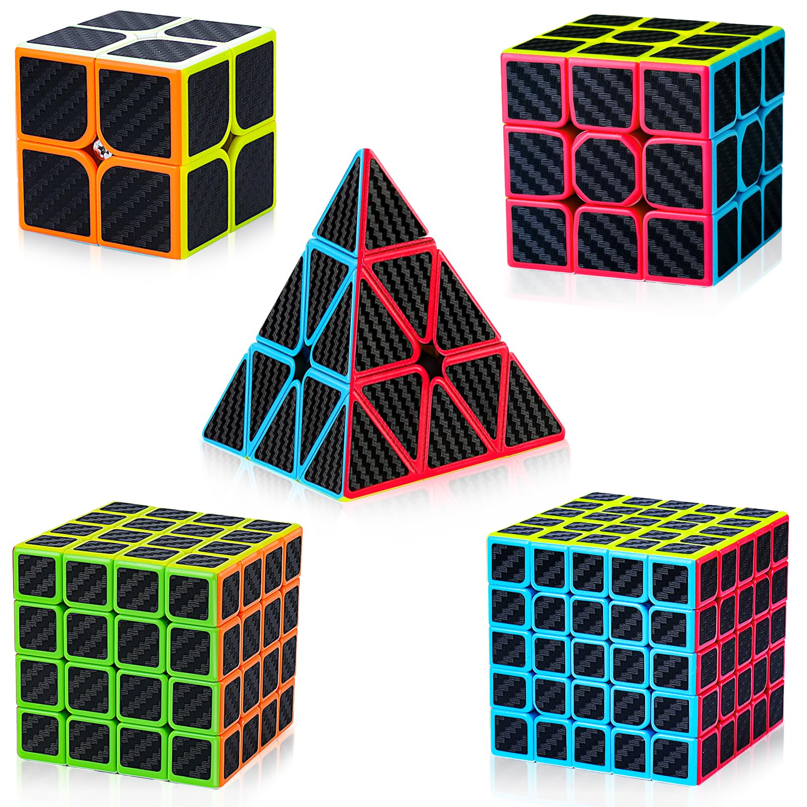 Juego de 5 cubos de velocidad, paquete de 5 unidades, 2 x 2, 3 x 3, 4 x 4, 5 x 5, cubo de velocidad Pyraminx, cubo de rompecabezas para niños, principiantes y adultos