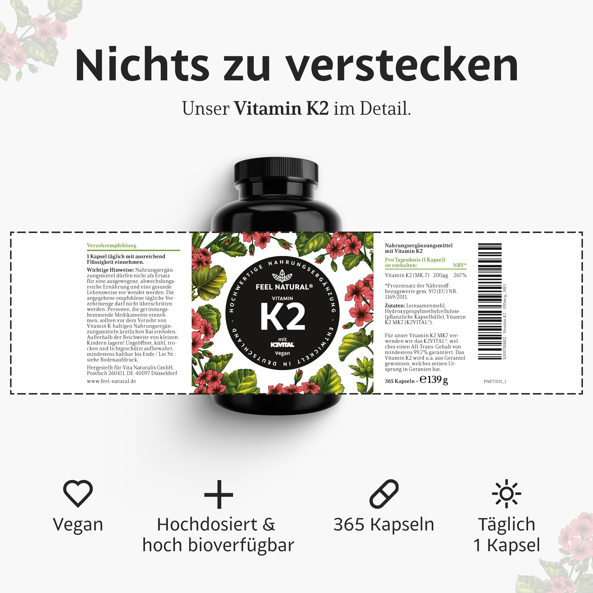 Vitamin K2 MK7-365 Kapseln - 200µg je Kapsel - Spitzenrohstoff K2VITAL® mit 99,7% All-Trans-MK7 - Hochdosiert, vegan, ohne Zusätze wie Magnesiumstearat - laborgeprüft, in Deutschland produziert