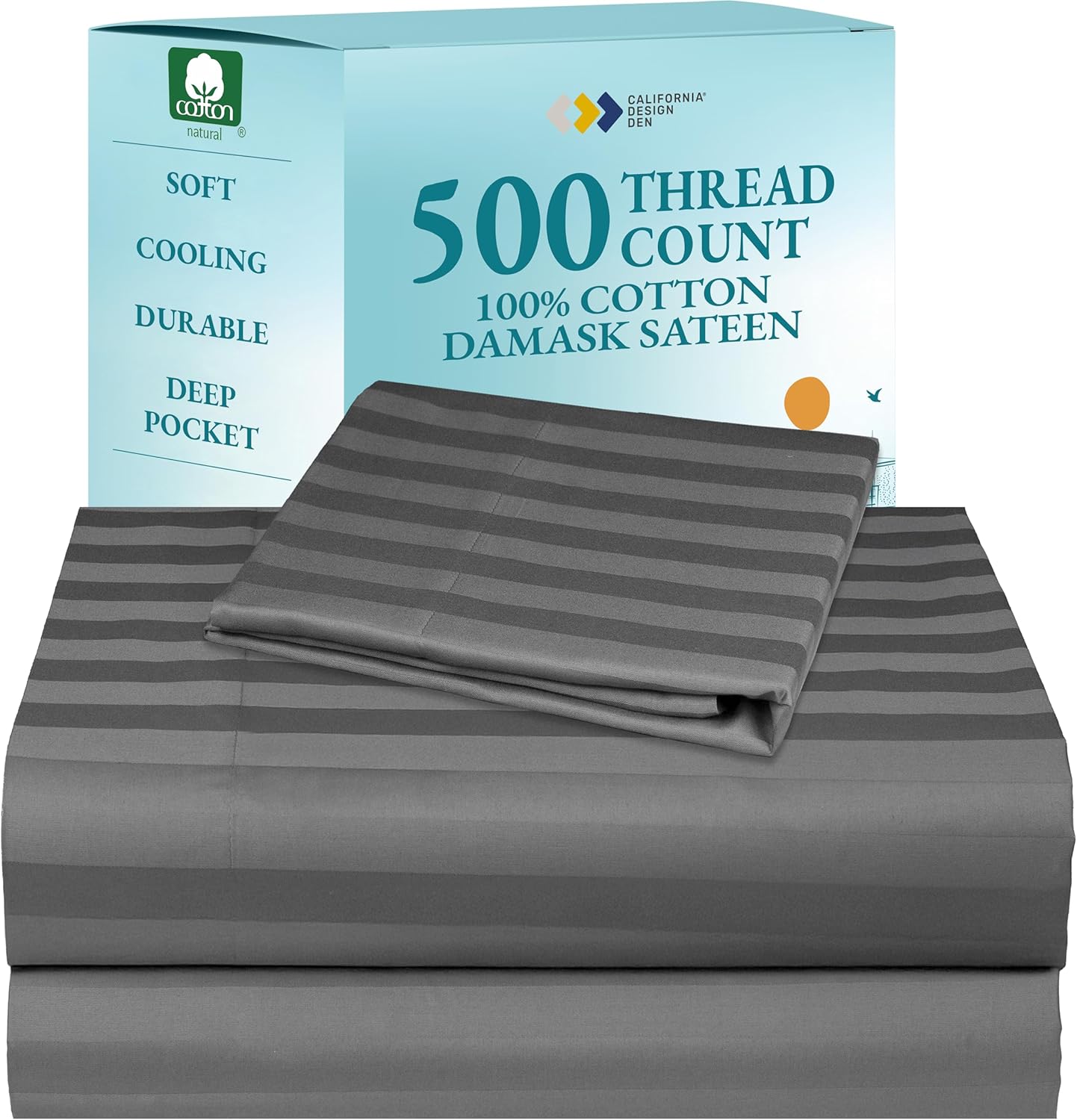 California Design Den 500-Thread-Count Twin Size Sheet Set - 100% Cotton Sateen Weave, 3 Piece Grey Bed Set, Dobby Damask Stripe Comfortable Bed Sheets, Deep Pocket Fits Mattress 15 Inches - Thumbnail 3